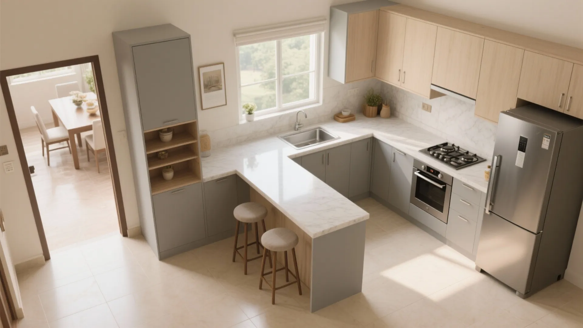 Top-down view of an L-shaped kitchen with slim breakfast counter and clear work triangle