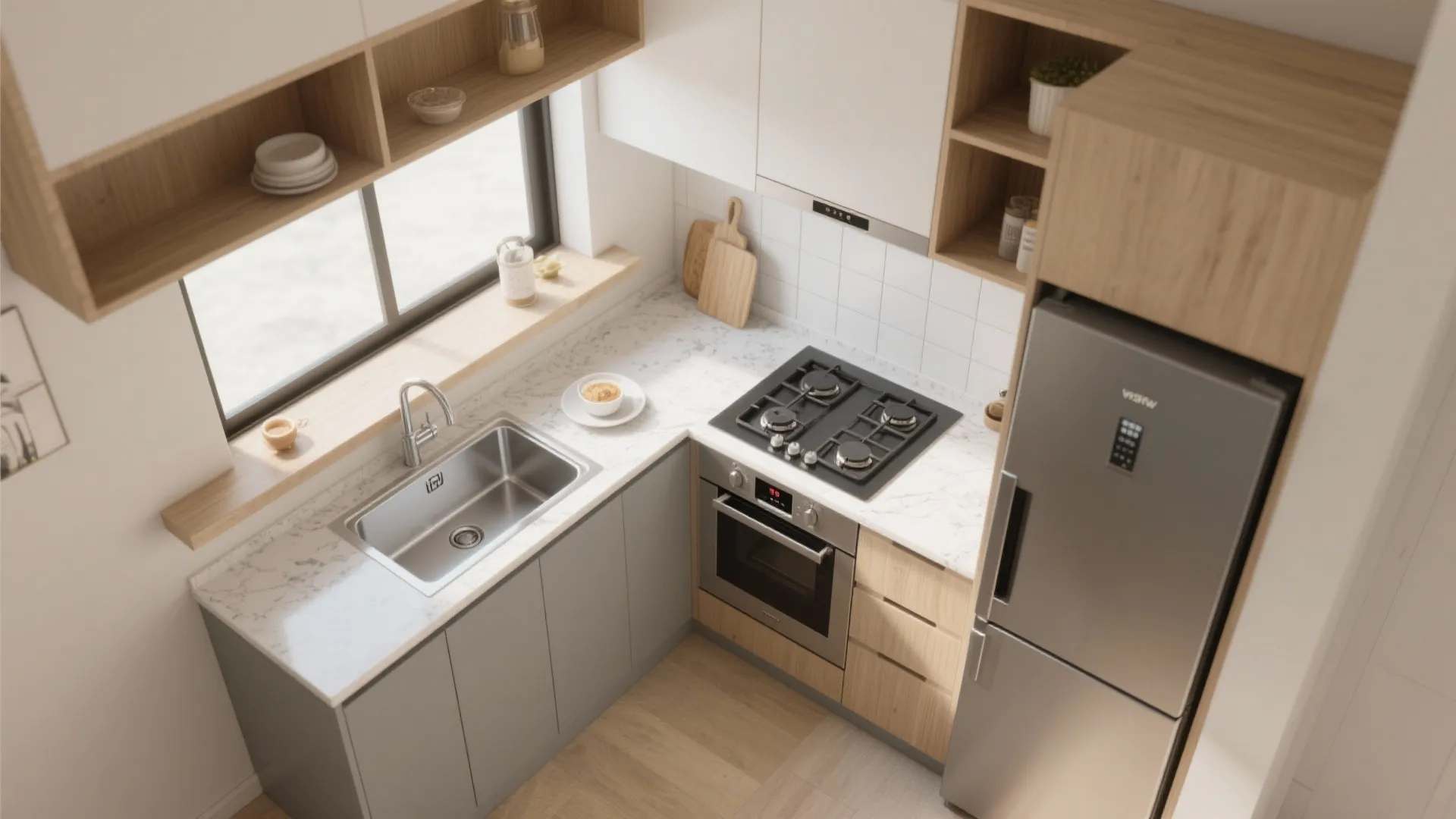 3) L-shaped kitchen with a breezy breakfast ledge