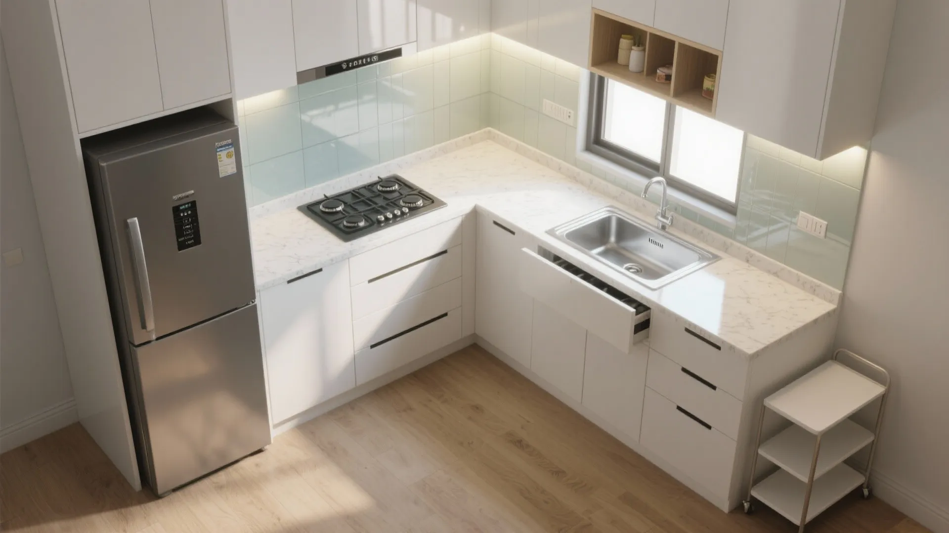 L-shaped small kitchen that works (and then some)