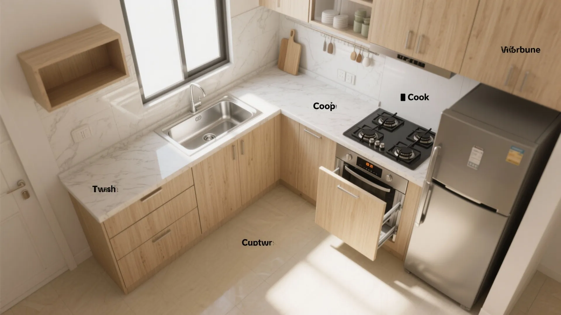 Top view of L-shaped kitchen with marble countertop wood cabinets silver sink and grey refrigerator