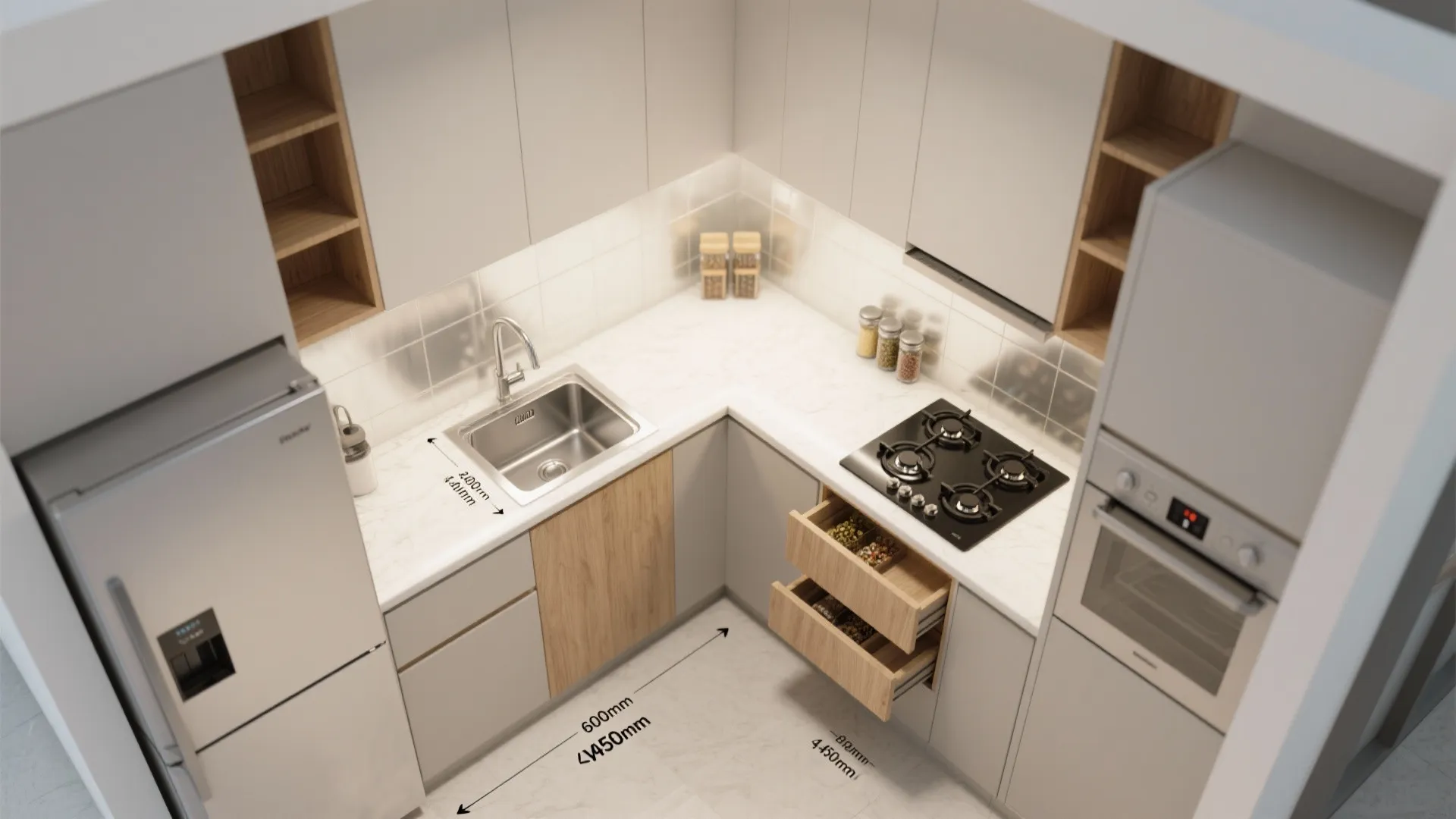 Compact L-shaped kitchen with reflective surfaces