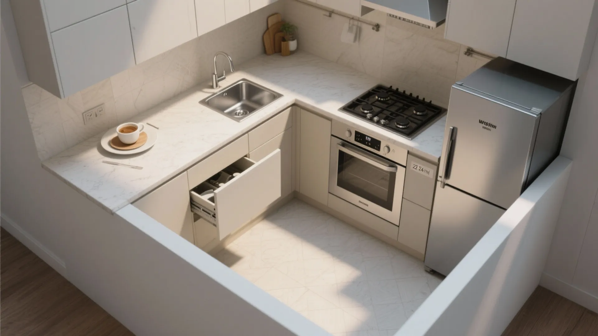 L-shaped layout to free counter space