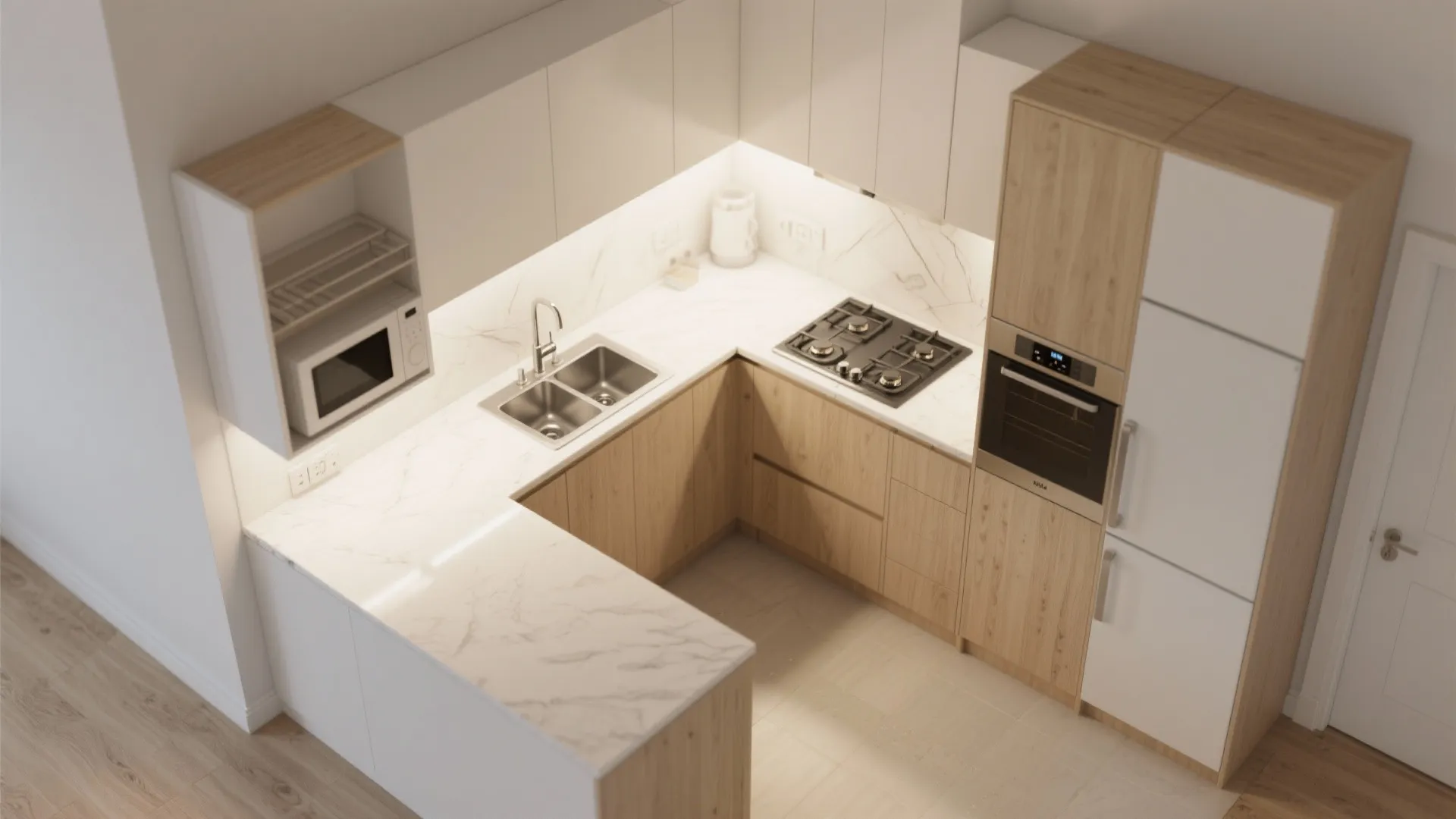 Flexible L-shaped kitchen for maximum counter length