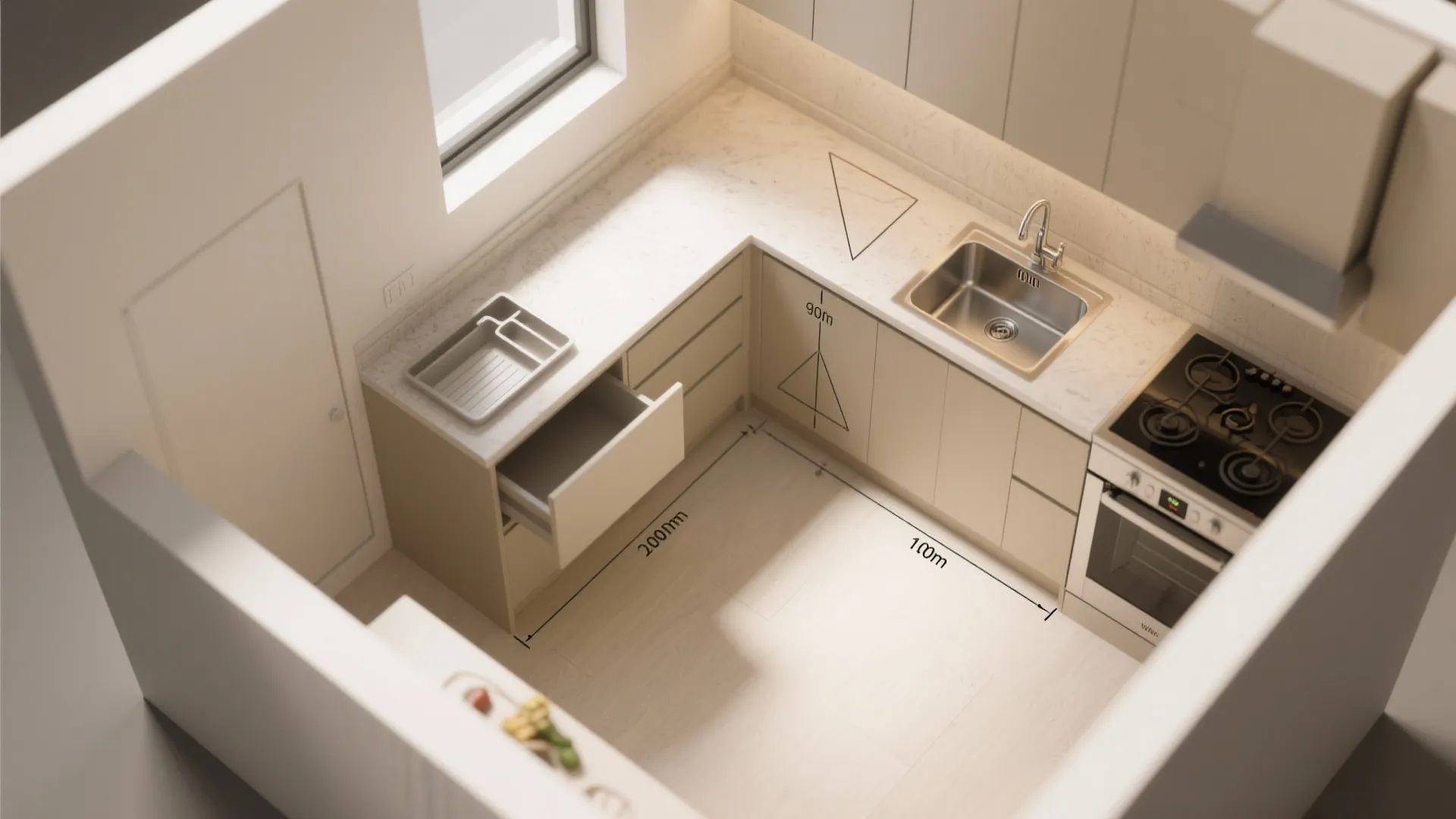 L-shaped micro-kitchen that frees counter space