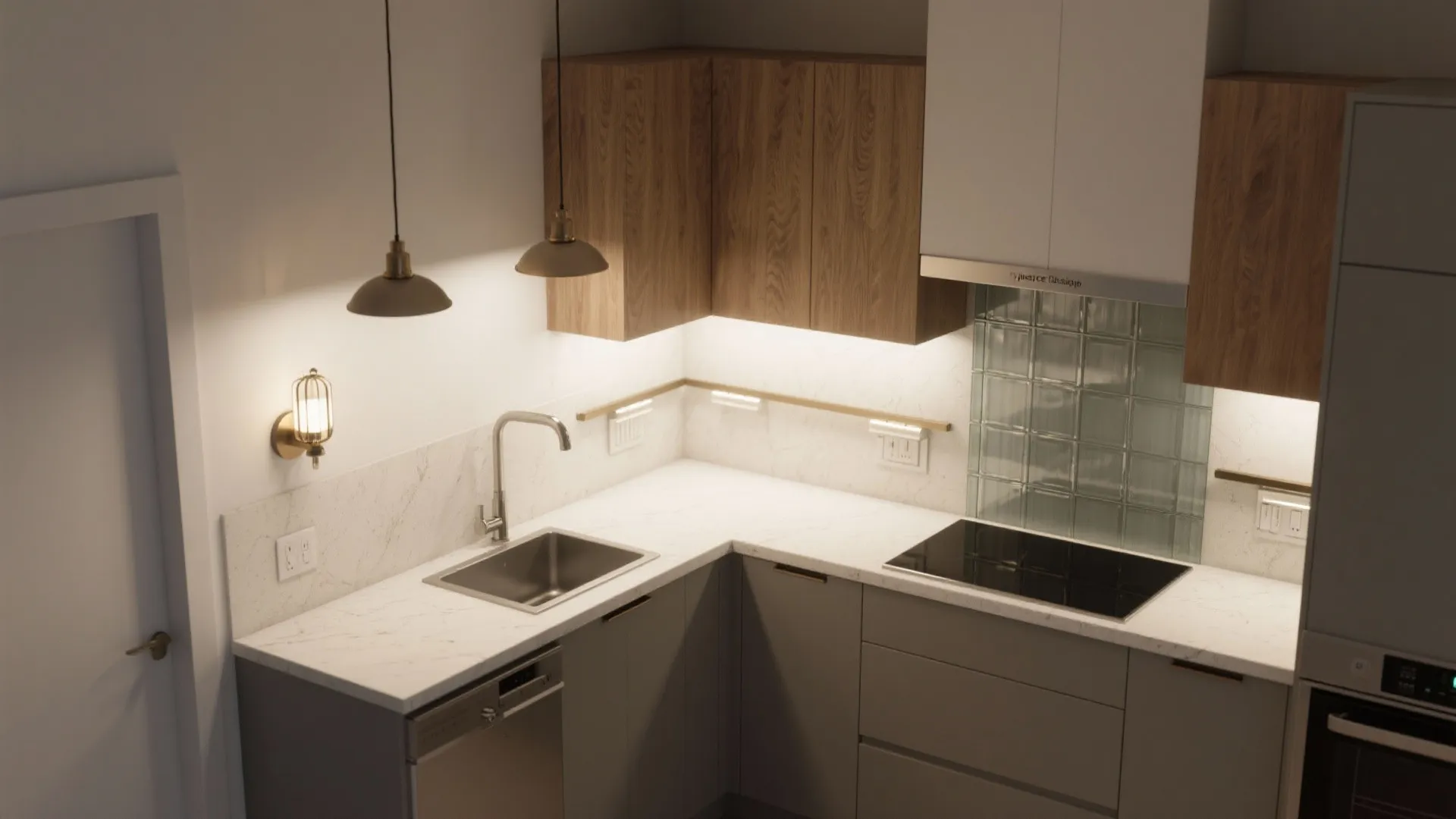 Justice Design sconces in an L-shaped small kitchen