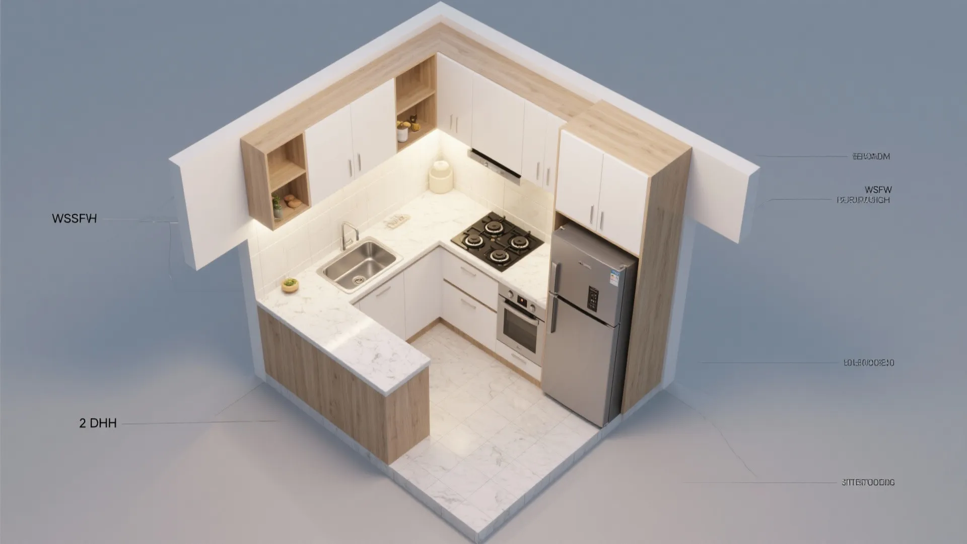 Small kitchen interior design drawing with white cabinets wooden shelves stove sink and silver fridge