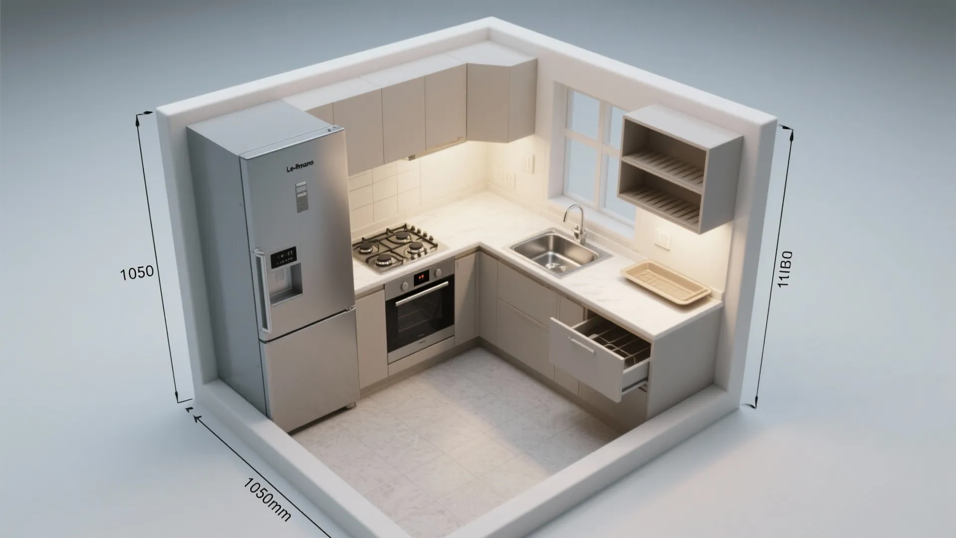 L-shaped micro-kitchen that frees counter space