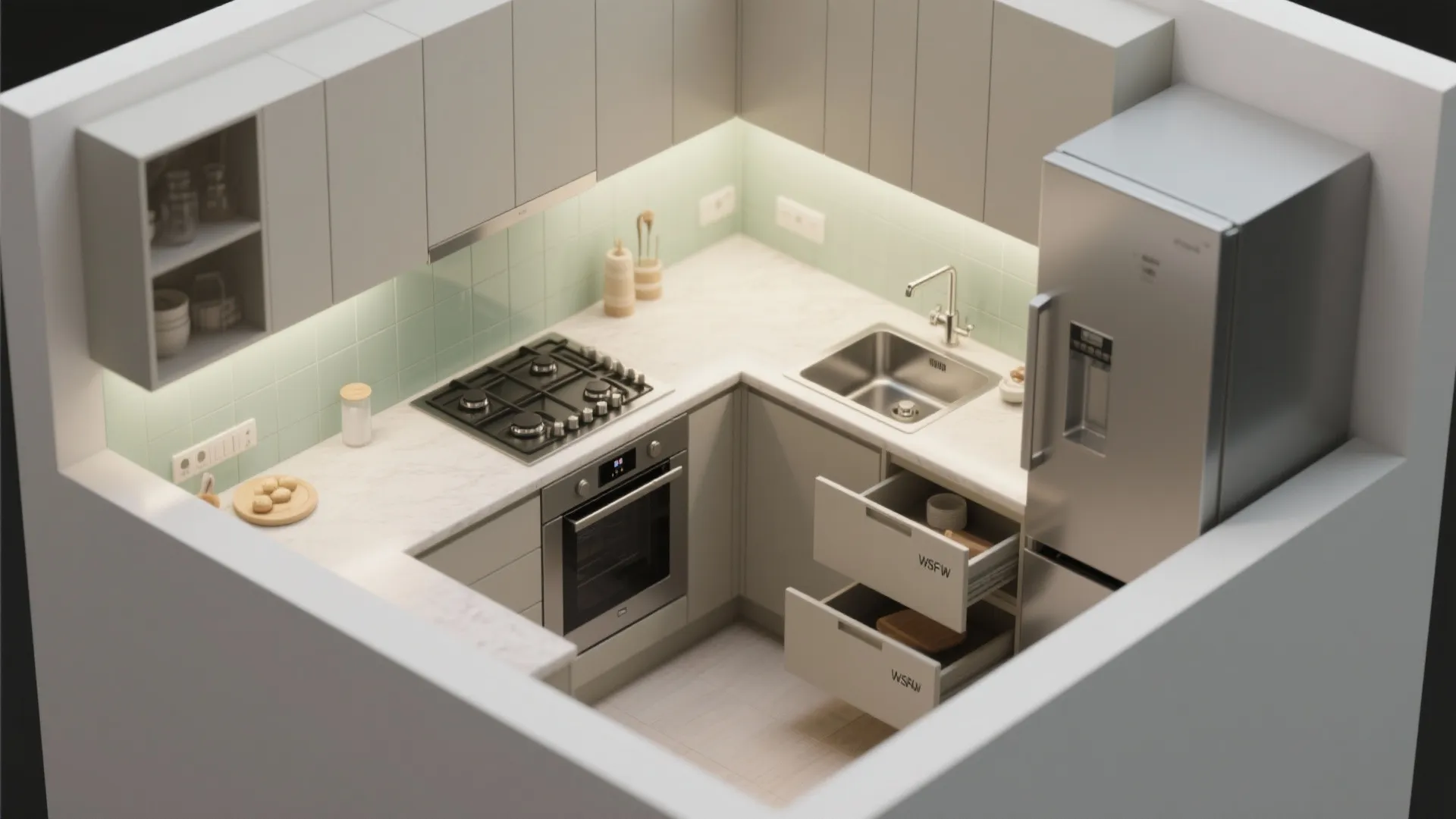 L-shaped kitchen to release more counter space