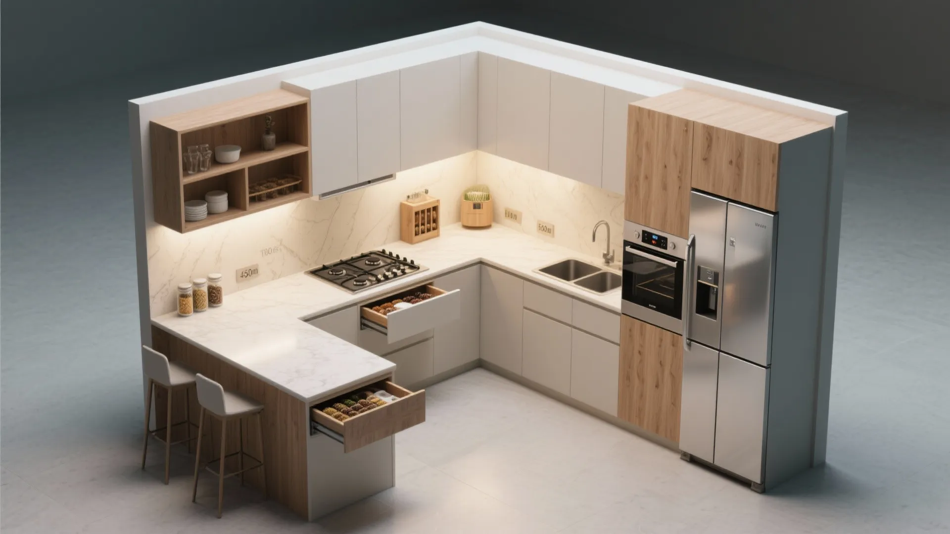 L-shaped kitchen with tall storage