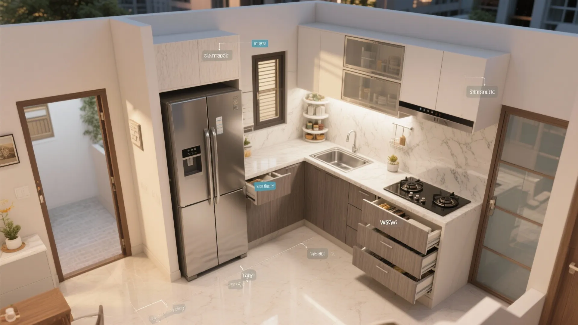 L-shaped kitchen with compact utility