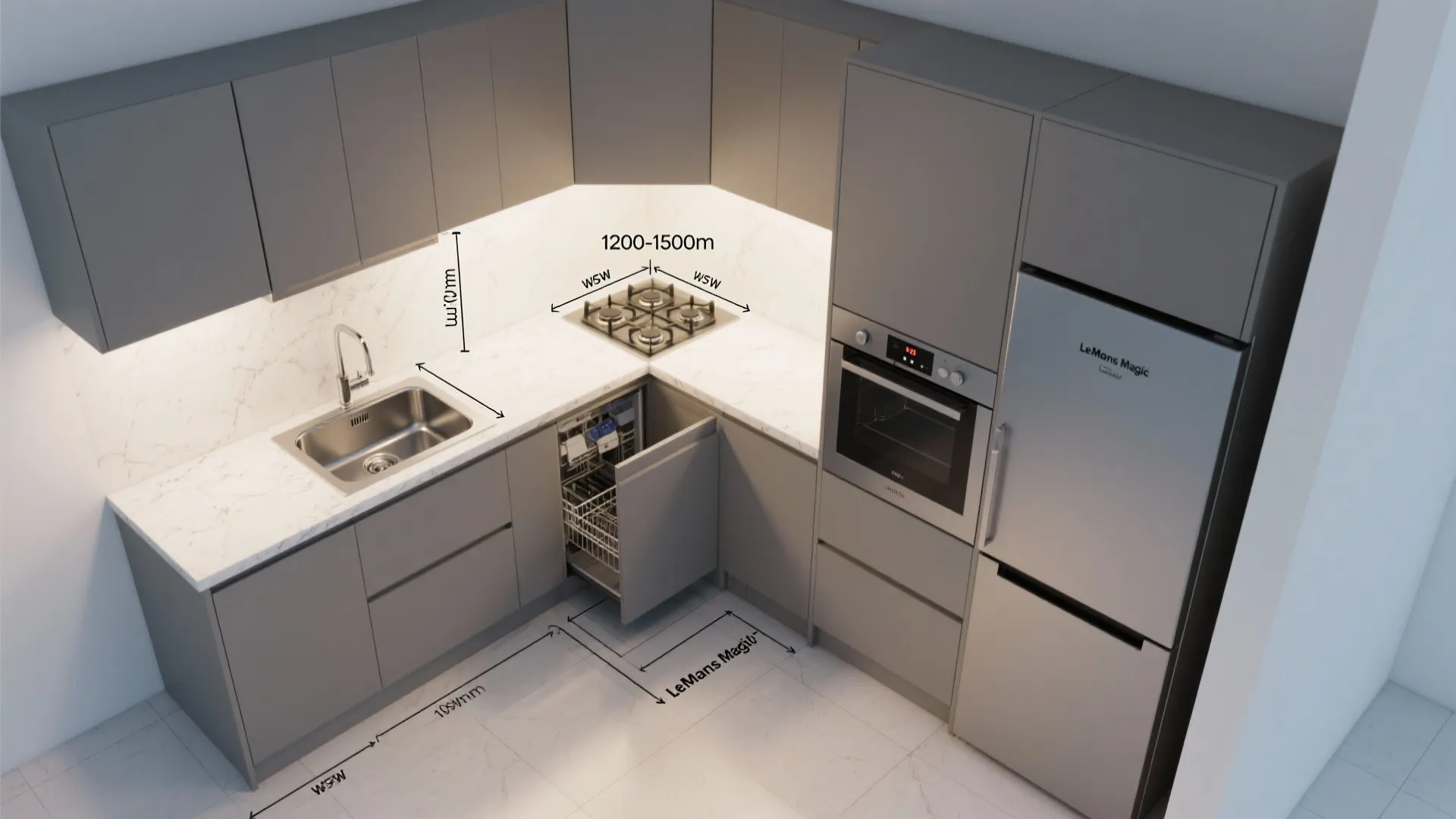 Modern grey L-shaped kitchen layout with sink, stove, fridge, and detailed measurement lines for room layout