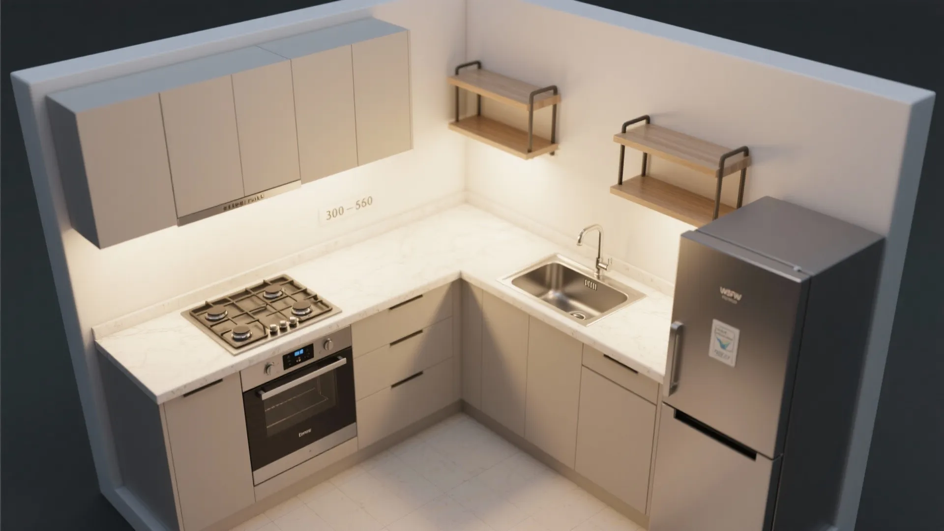 L-Shaped Kitchen Walls With Open Shelves