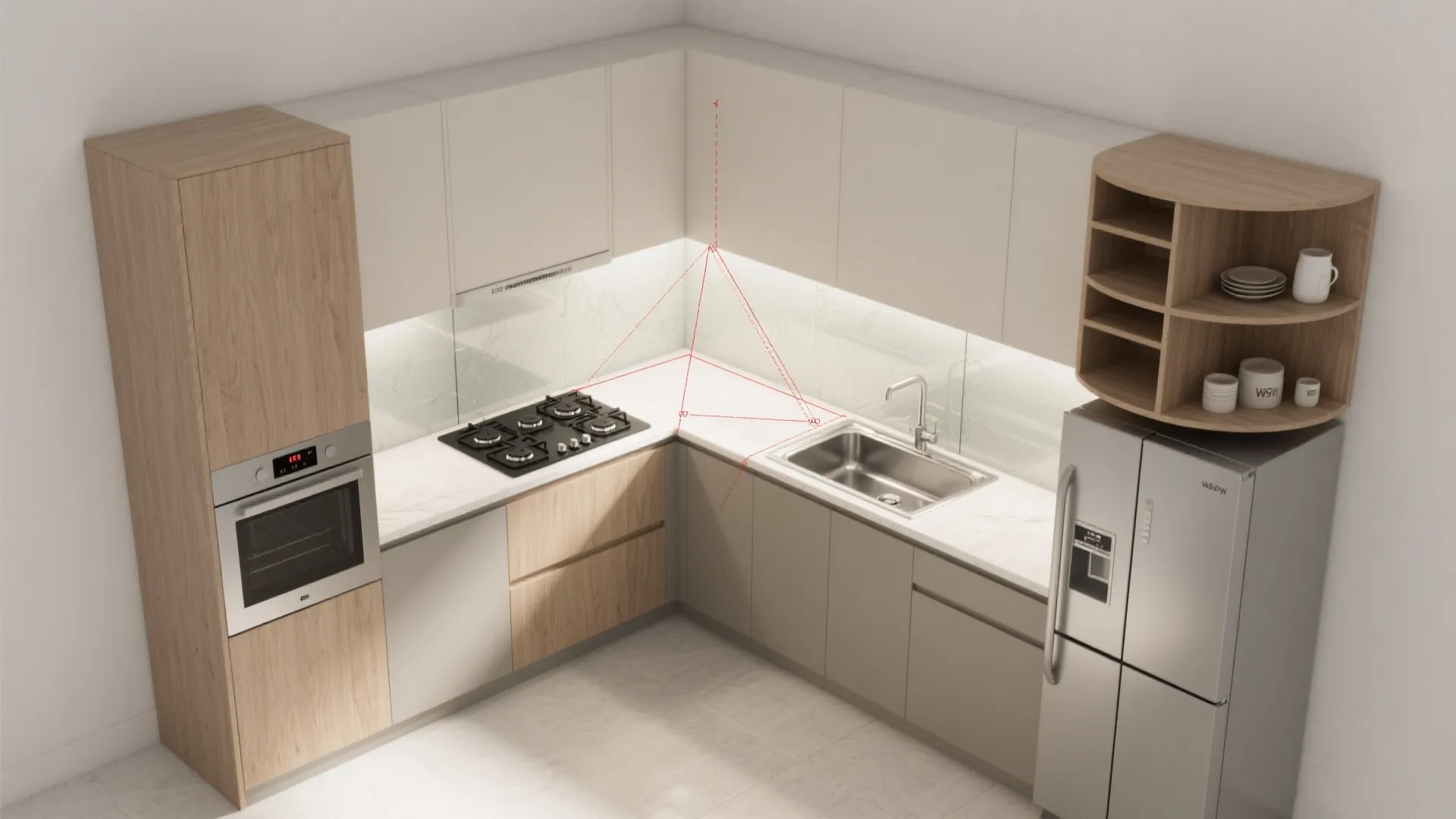 Modern L-shaped kitchen interior design drawing showing white cabinets wood accents sink and gas stove