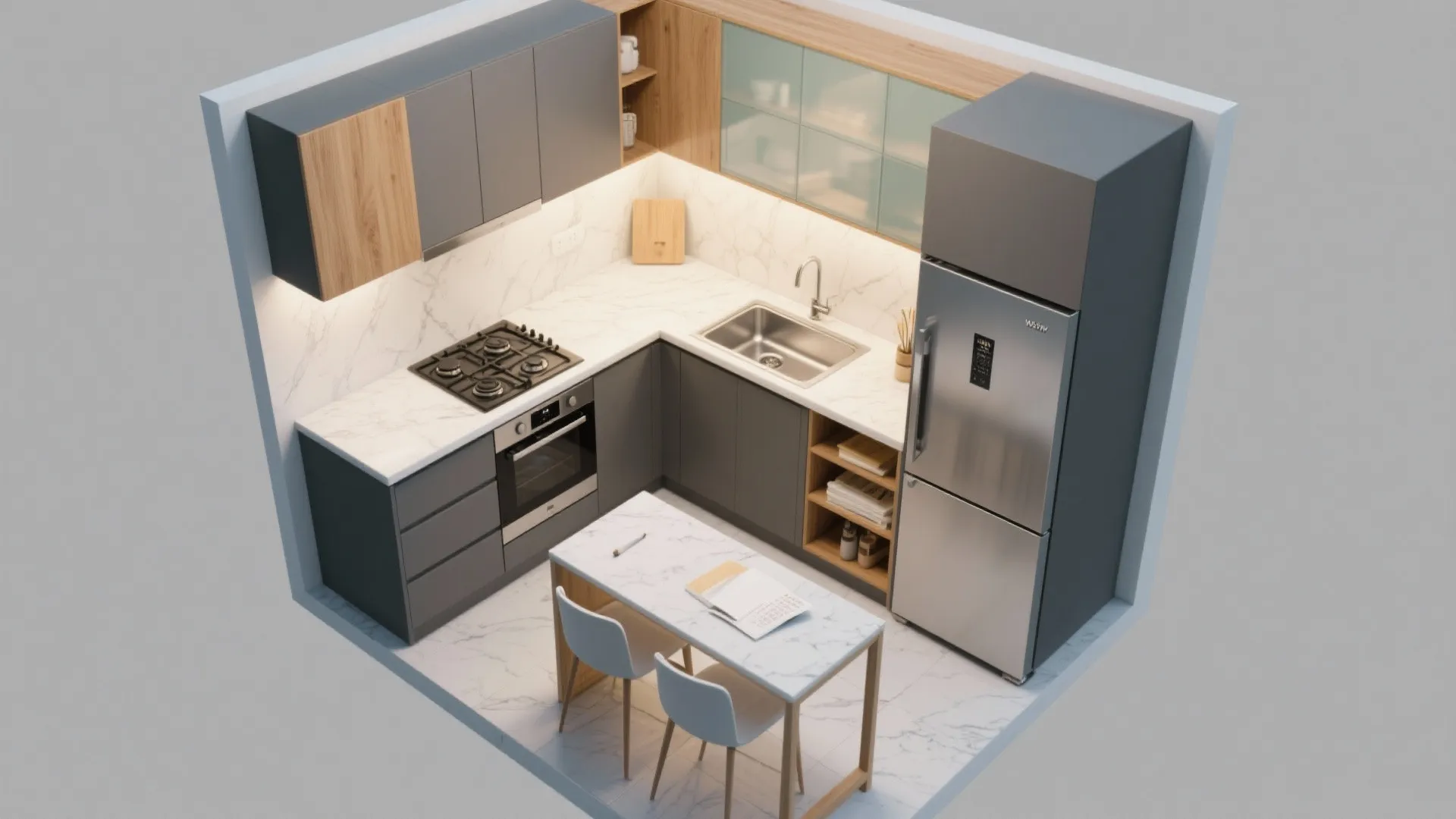 Modern grey L-shaped kitchen design drawing with marble countertop, silver fridge, and small dining table