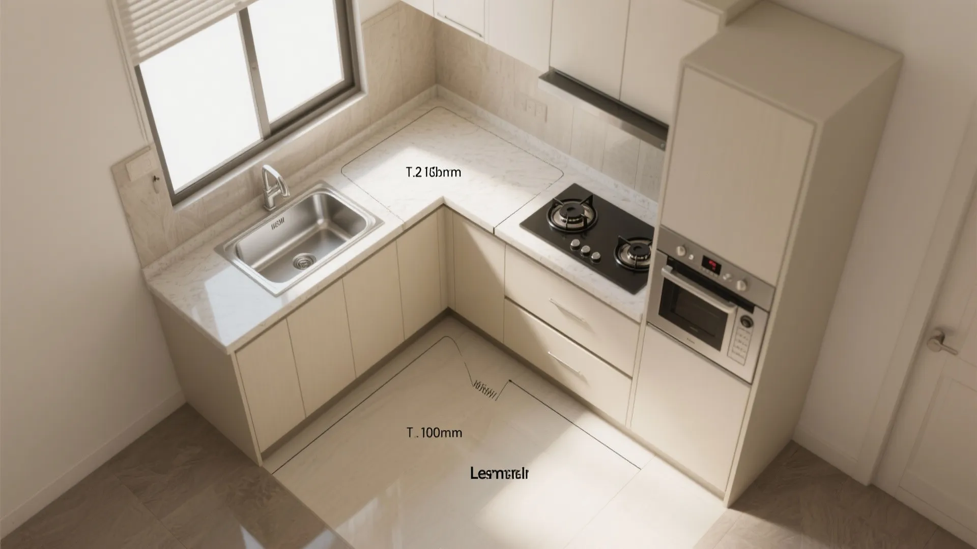 Cream L shaped kitchen interior design drawing showing sink stove oven and light wood floor cabinets