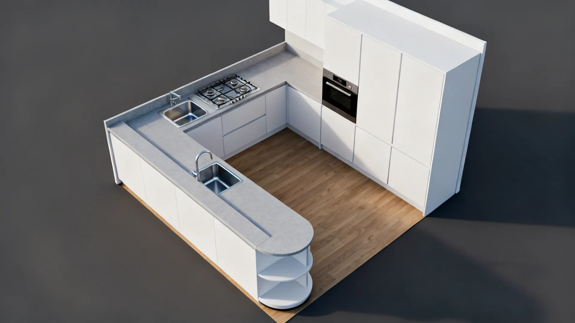 Top-down view of an L-shaped small kitchen highlighting the main prep zone.