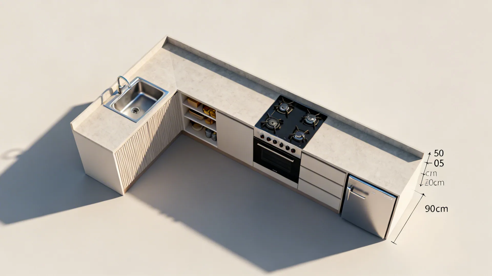 3) L-shaped micro-kitchen that frees counter space