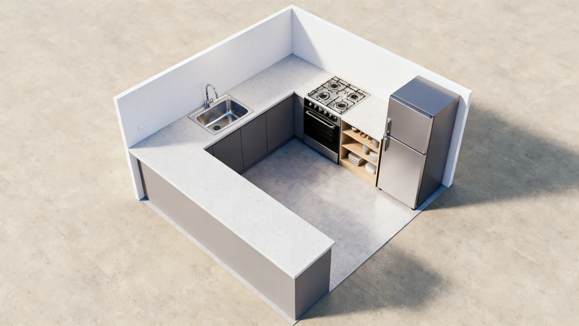 Top-down view of an efficient L-shaped kitchen with continuous counters and defined zones.