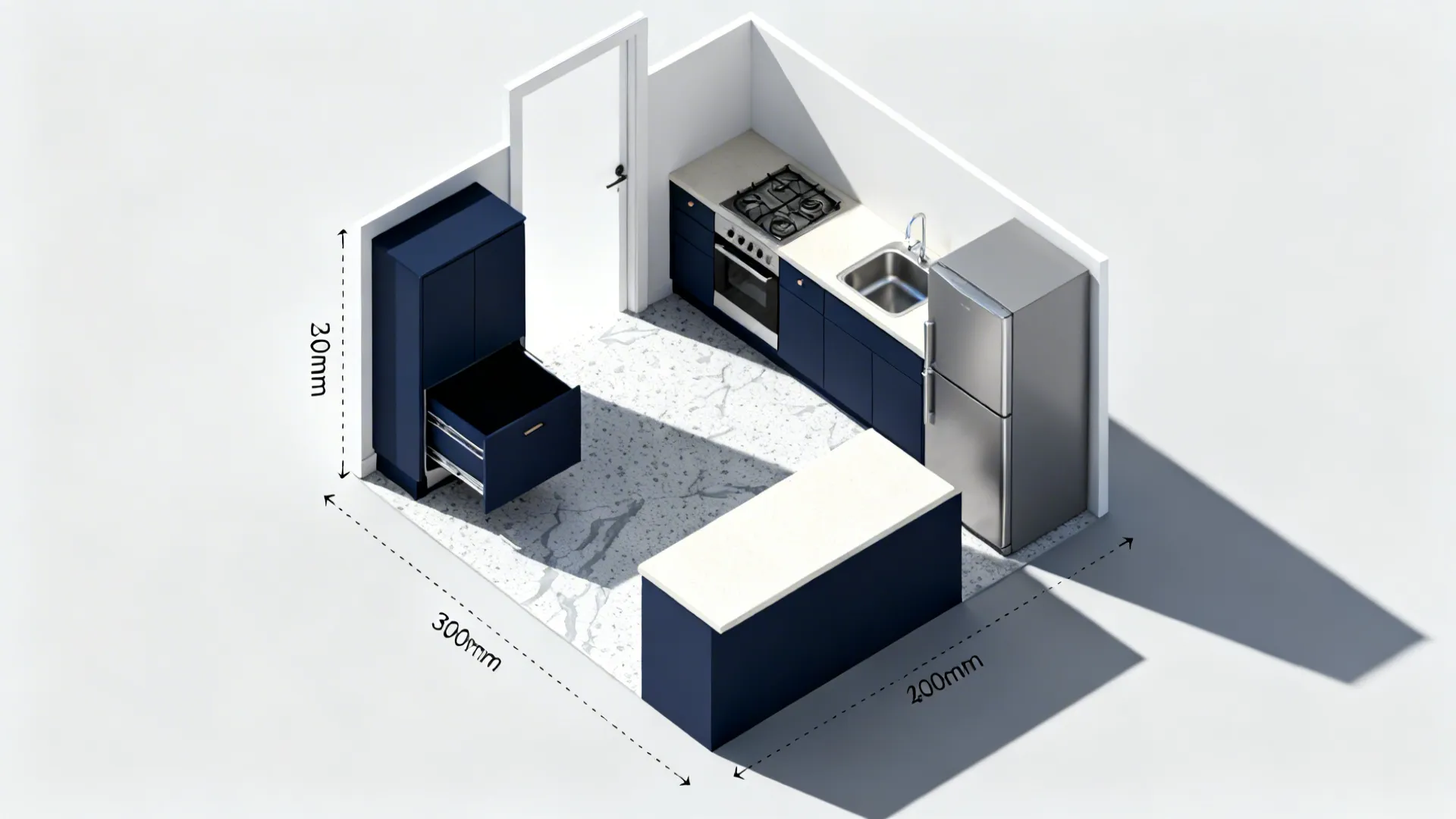 Top-down view of a compact L-shaped navy kitchen layout with a tall pull-out pantry.
