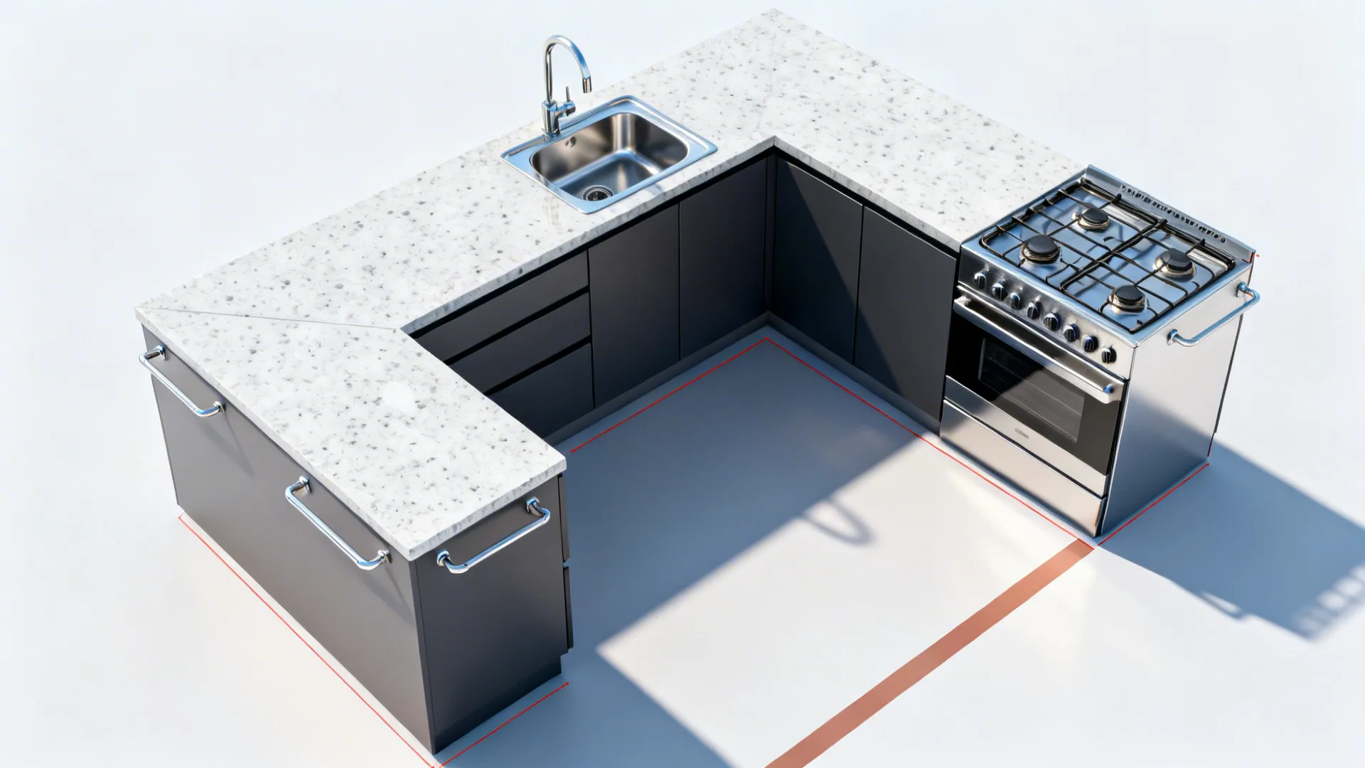 Top-down view of an L-shaped micro-kitchen plan highlighting a continuous prep run and clearances.
