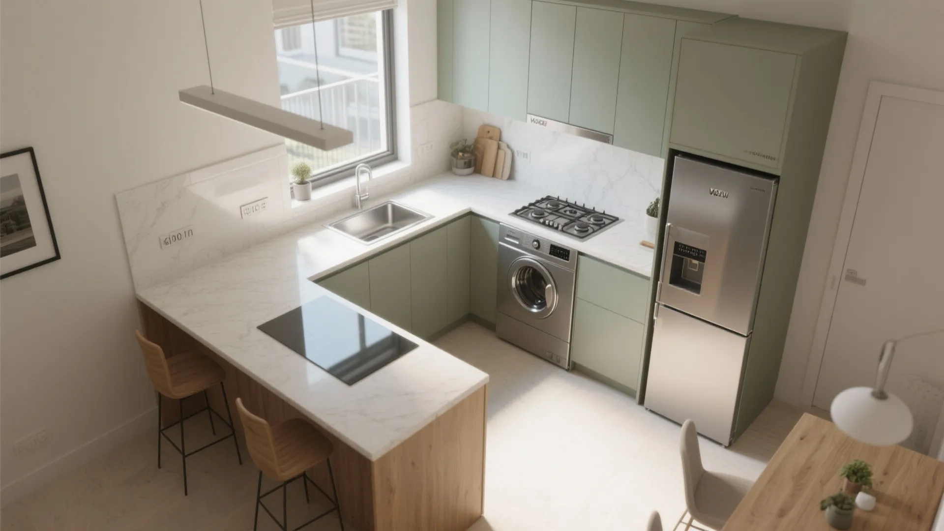 L-shaped kitchen with utility balcony integration