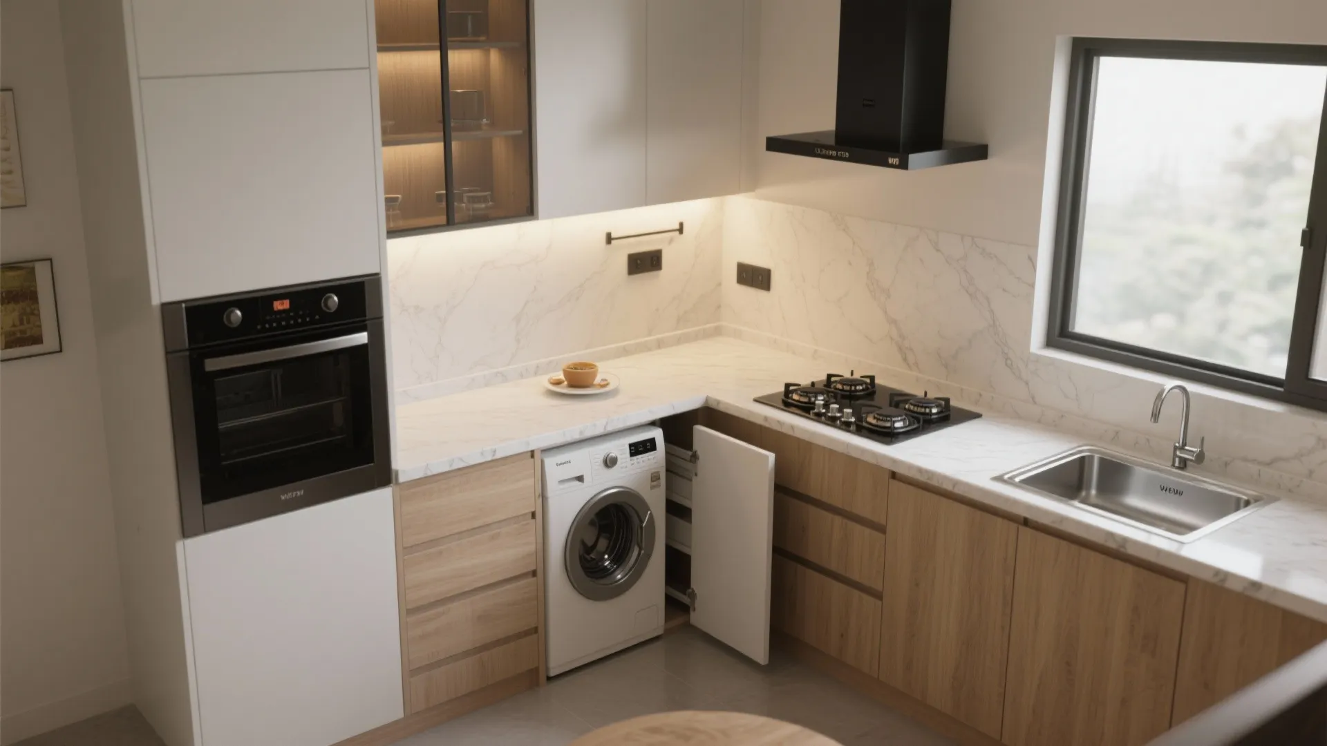 1) L-shaped small kitchen with a pocket utility