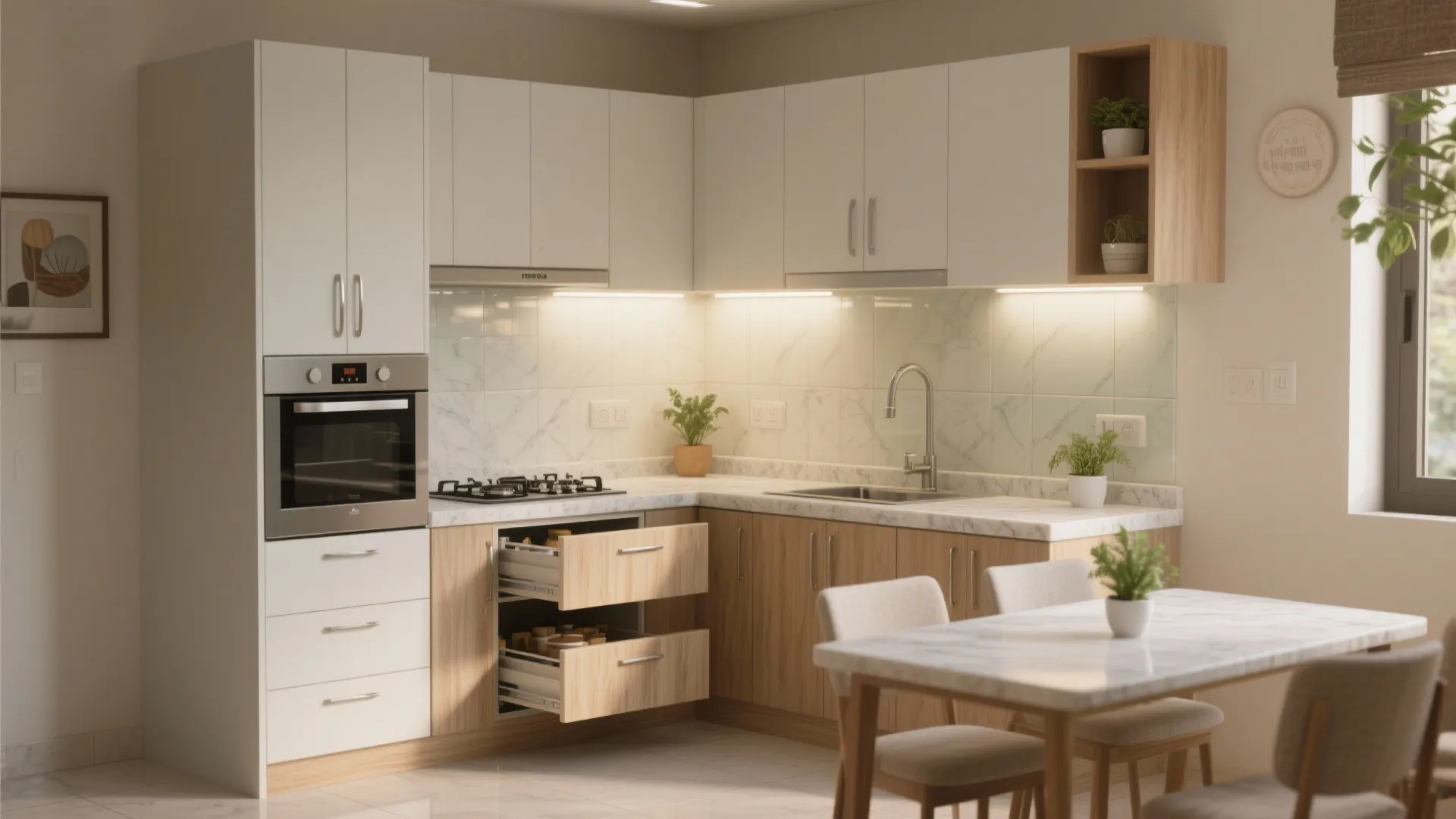 Minimalist Kitchen Storage with an L-Shaped Flow