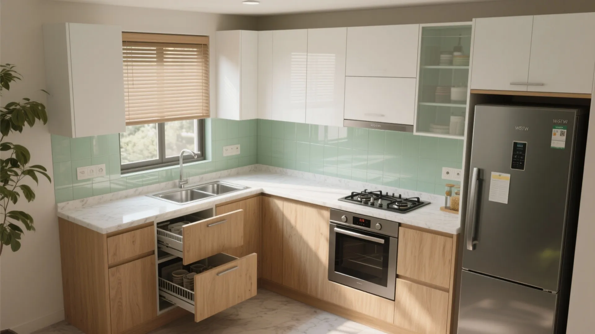 1) L-shaped Kitchen with Vertical Storage