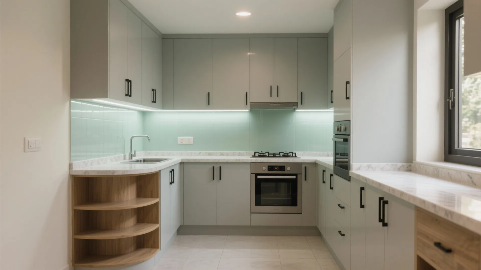 1) L-shaped micro-kitchen with vertical storage