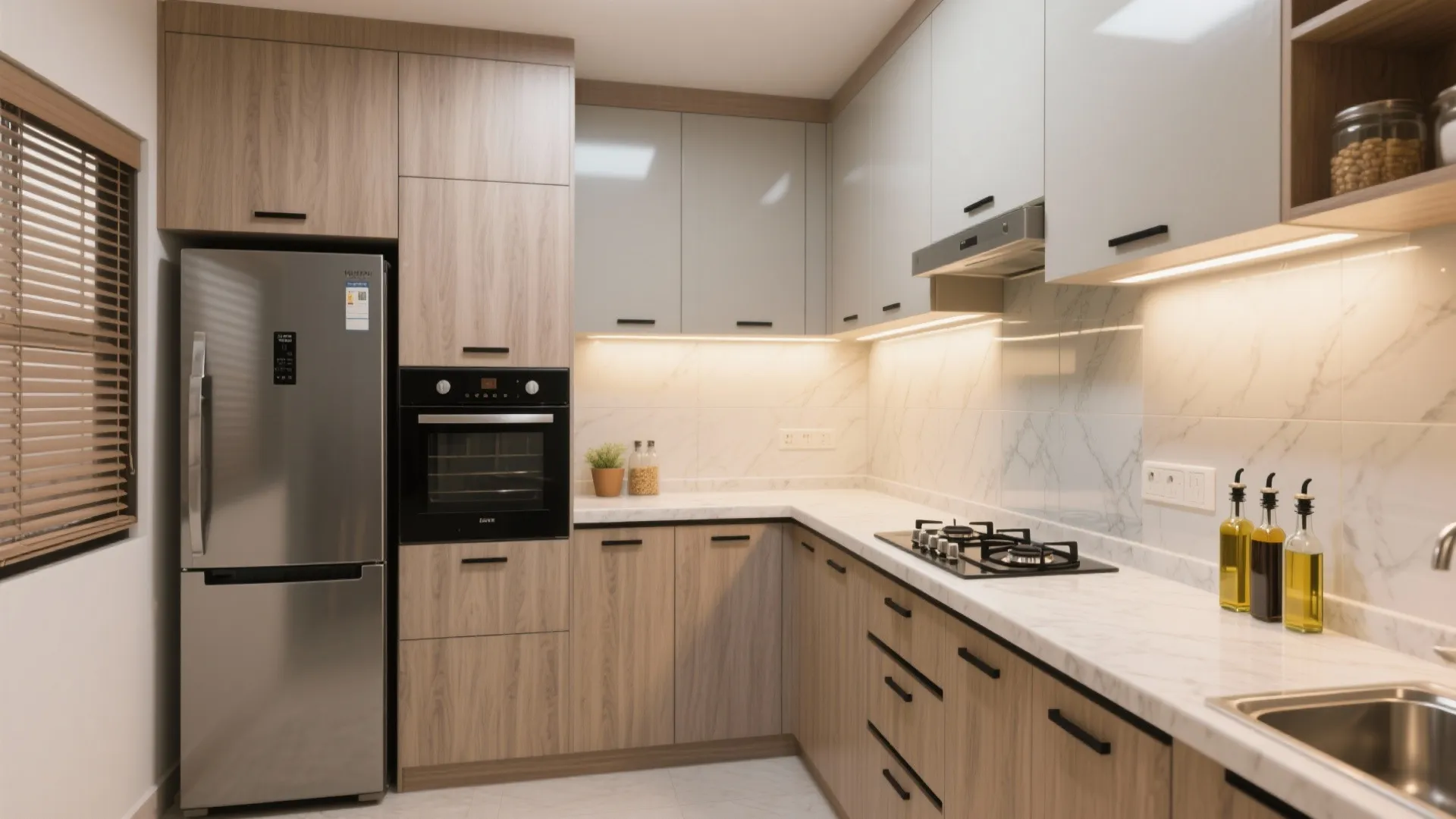 A modular L-shaped kitchen with vertical storage