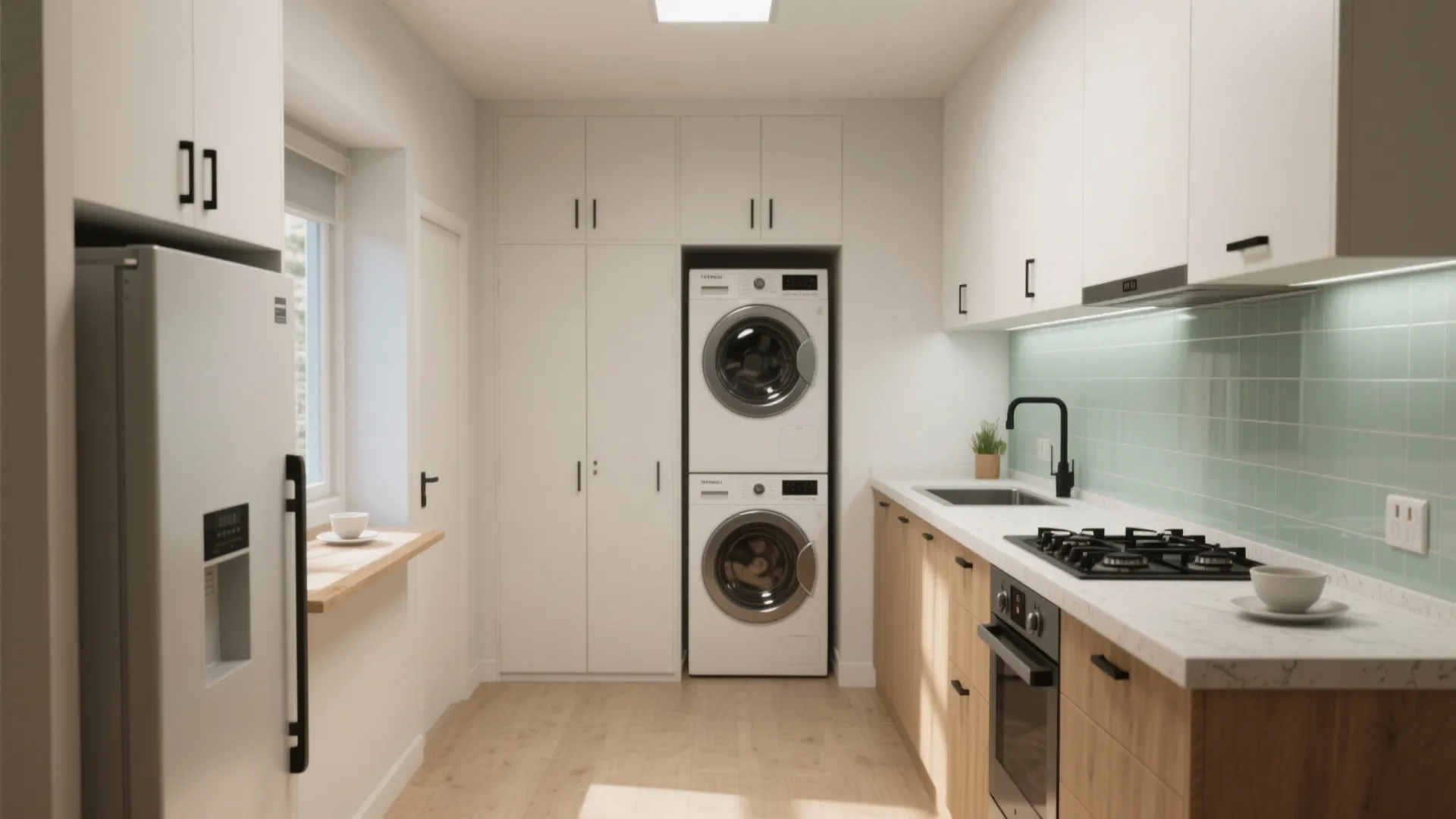 1) Compact L-Shaped Kitchen With a Laundry Nook