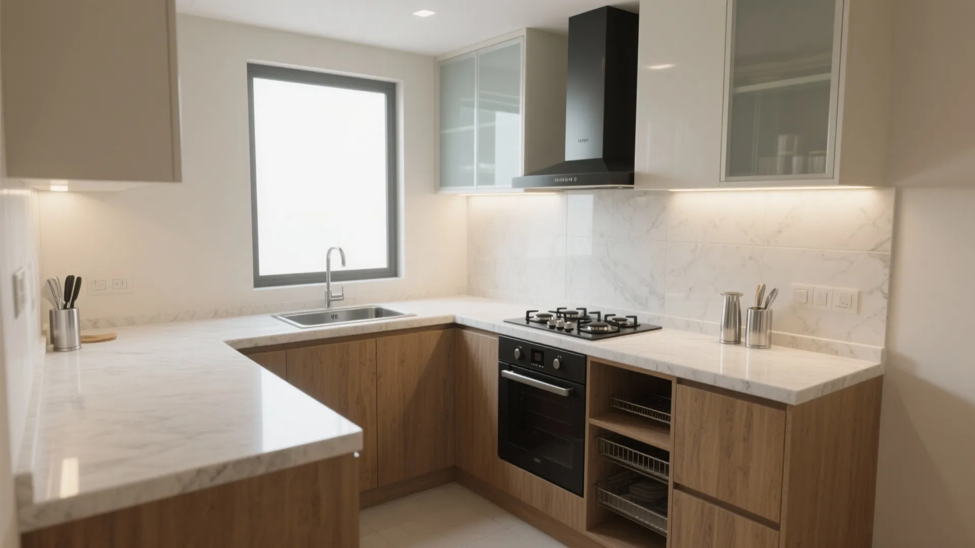 L-shaped kitchenette that actually cooks