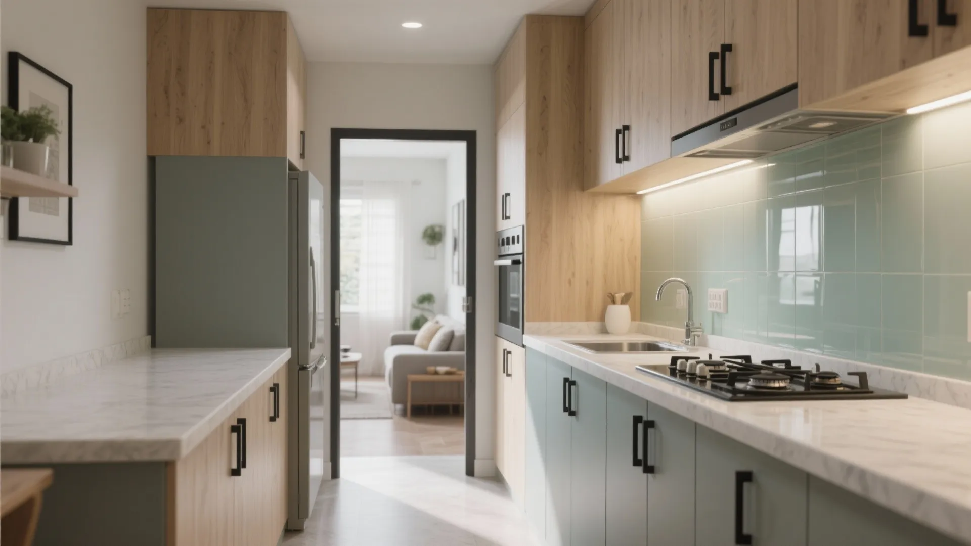 L-shaped small kitchen layout that opens the room