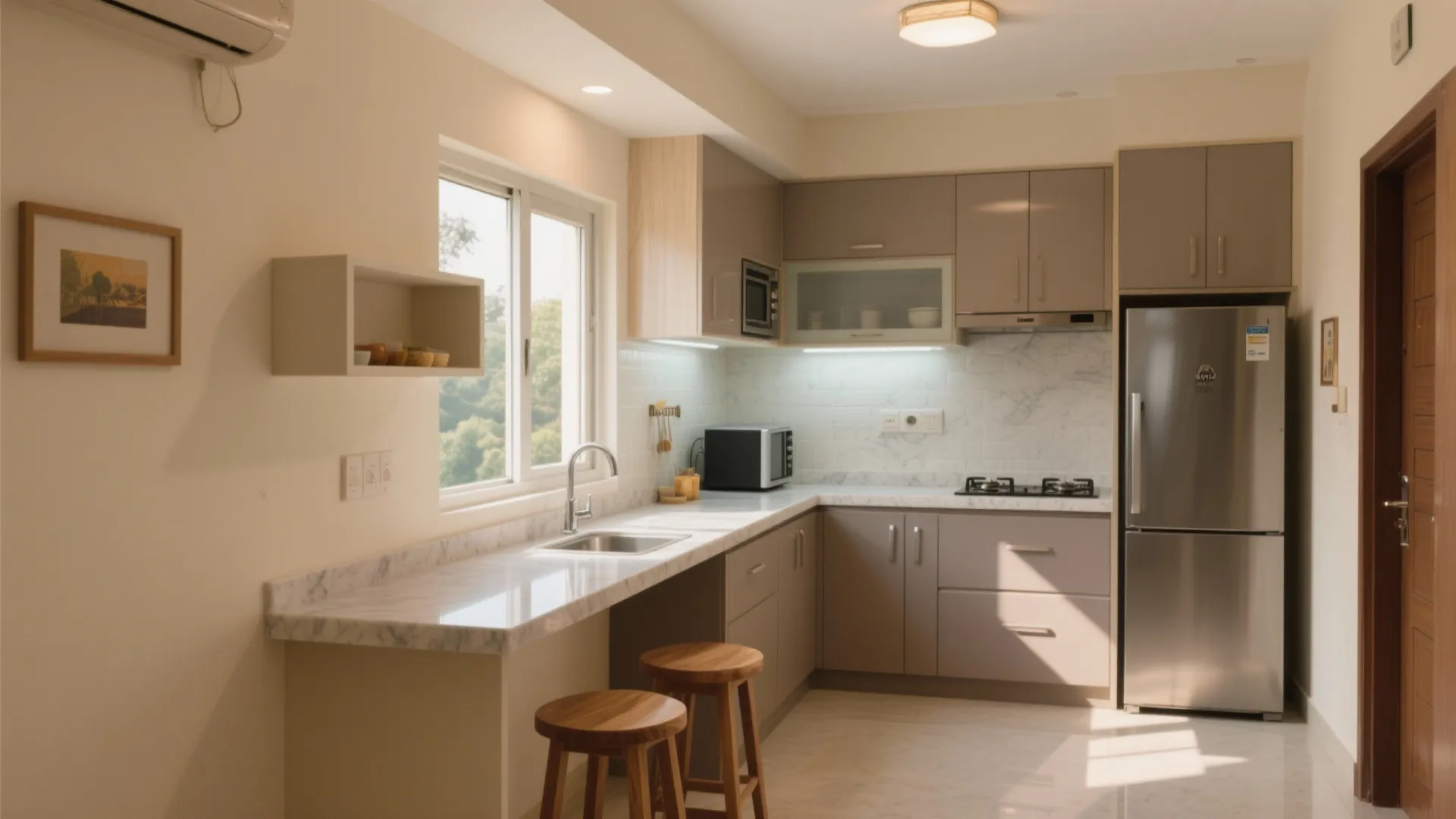 3) L-shaped kitchen + breakfast ledge for maximum flow