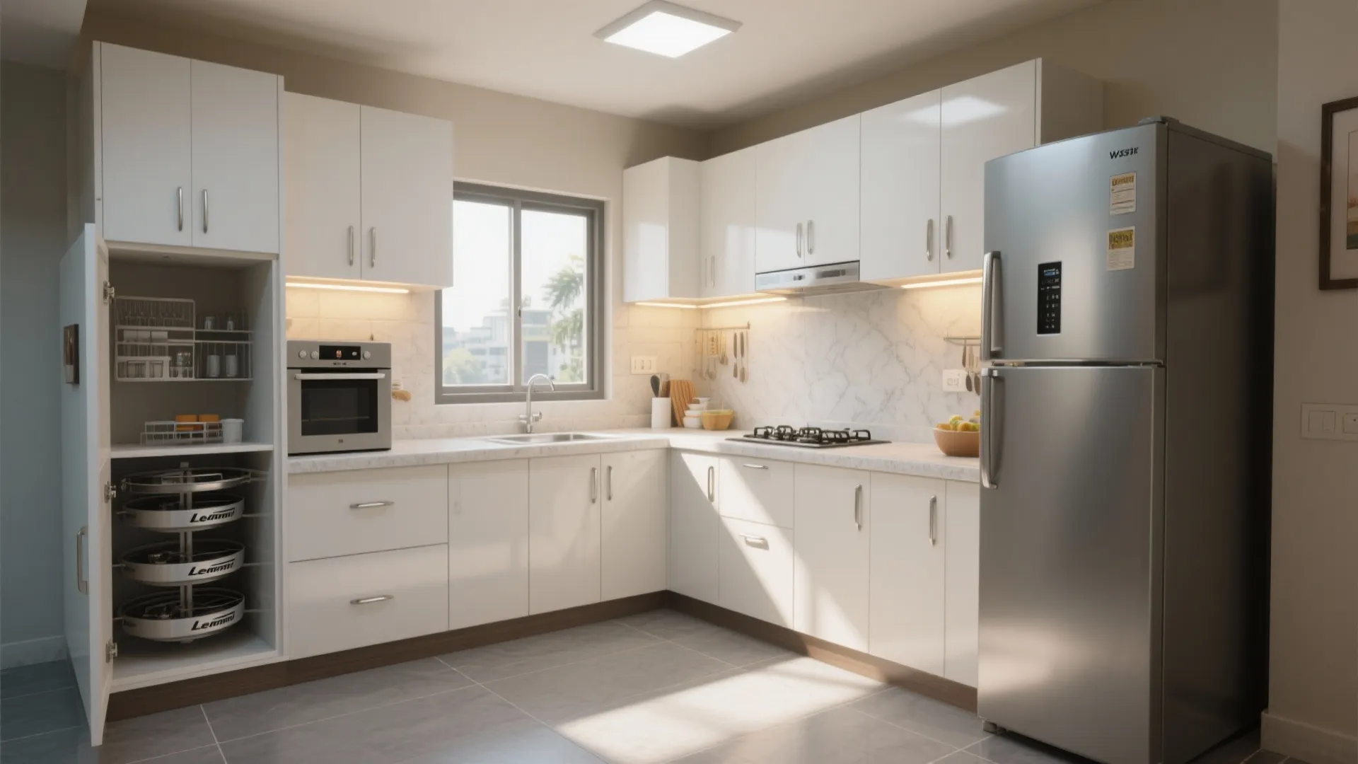 L-shaped compact kitchen for flow and function