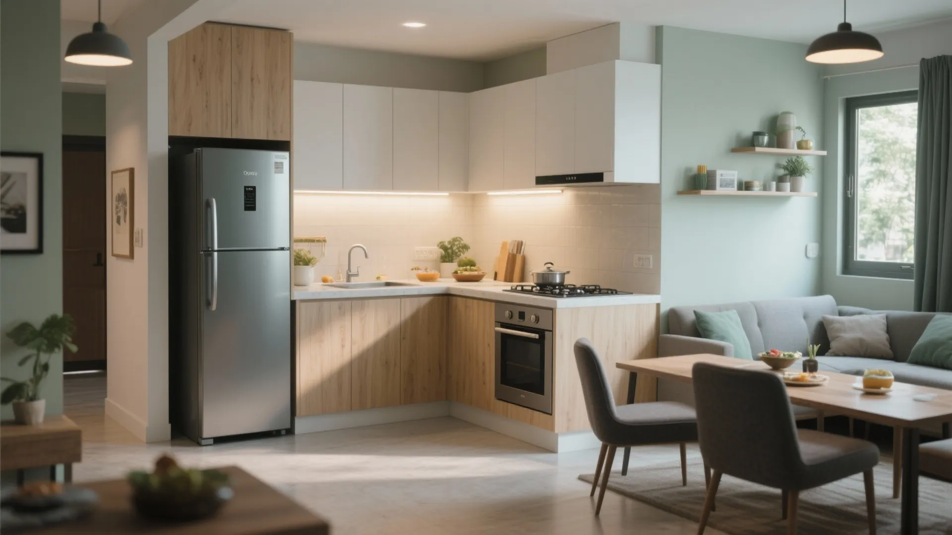 Modern open plan kitchen with silver fridge wood cabinets dining table and grey sofa in back