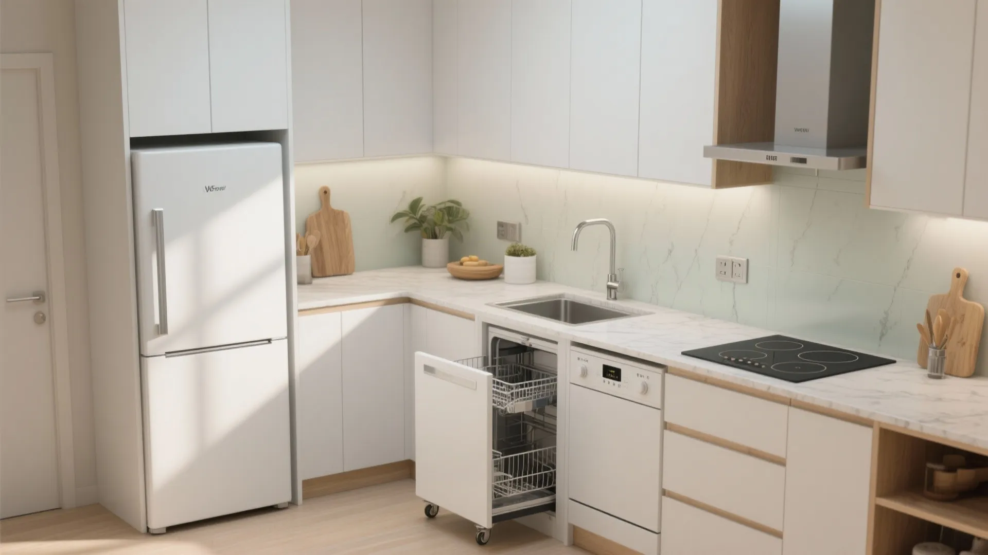 L-shaped micro-kitchen layout with a tight work triangle