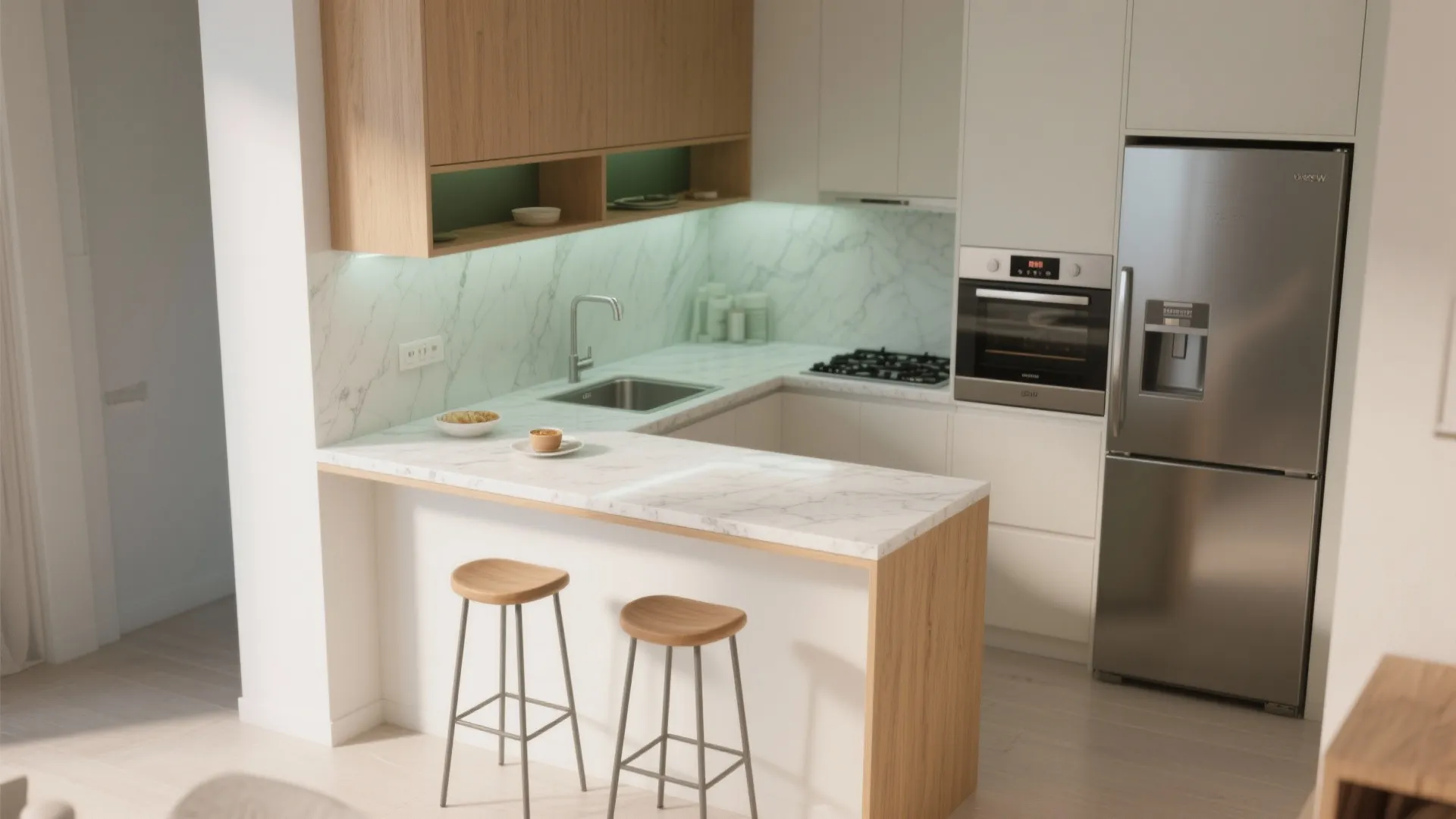 An L-shaped small kitchen with a breakfast ledge