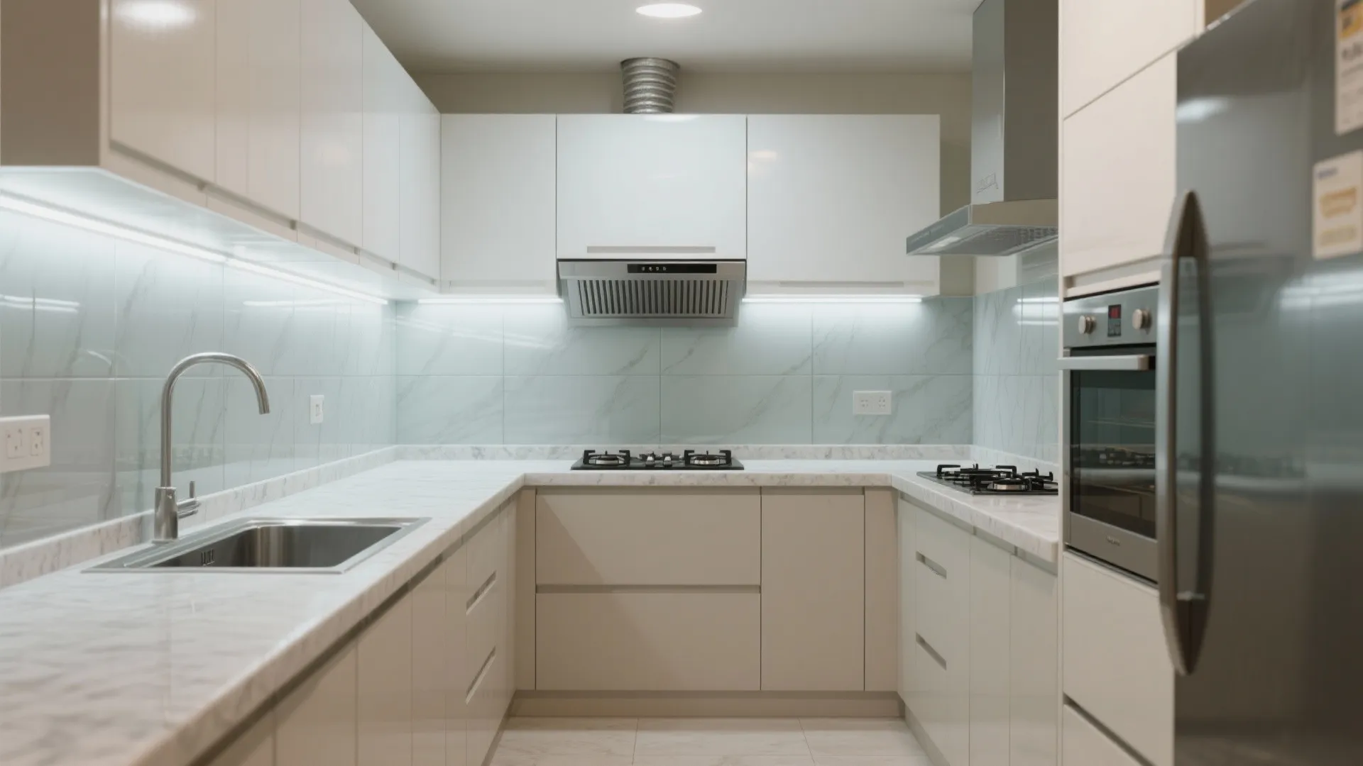 L-Shaped Kitchen Zoning With A Glass Backsplash