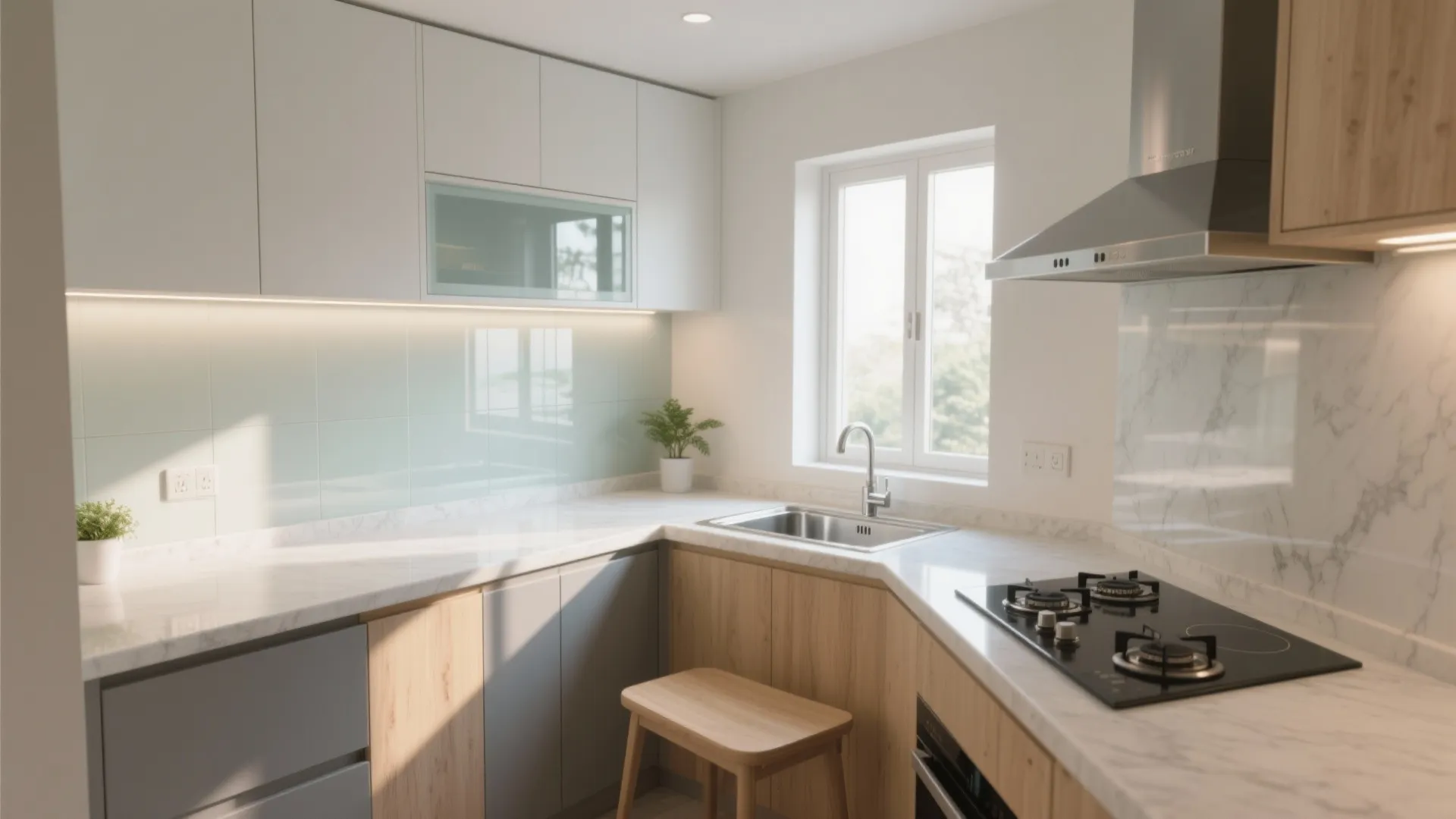 Minimal modular kitchen with reflective light and smart storage