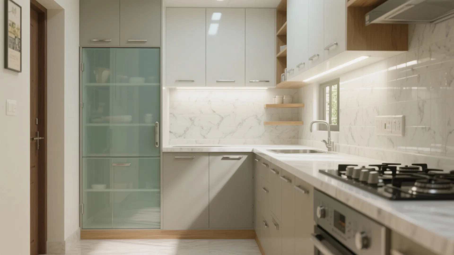 L-shaped kitchen with tall pantry and easy-to-clean glass