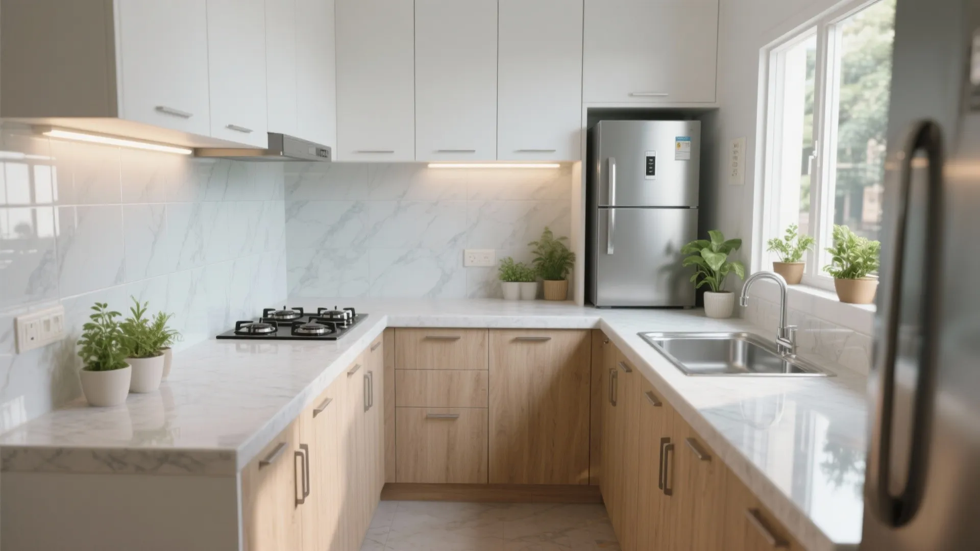 1) An L-shaped kitchen that works harder (with a bright, wipe-clean backsplash)
