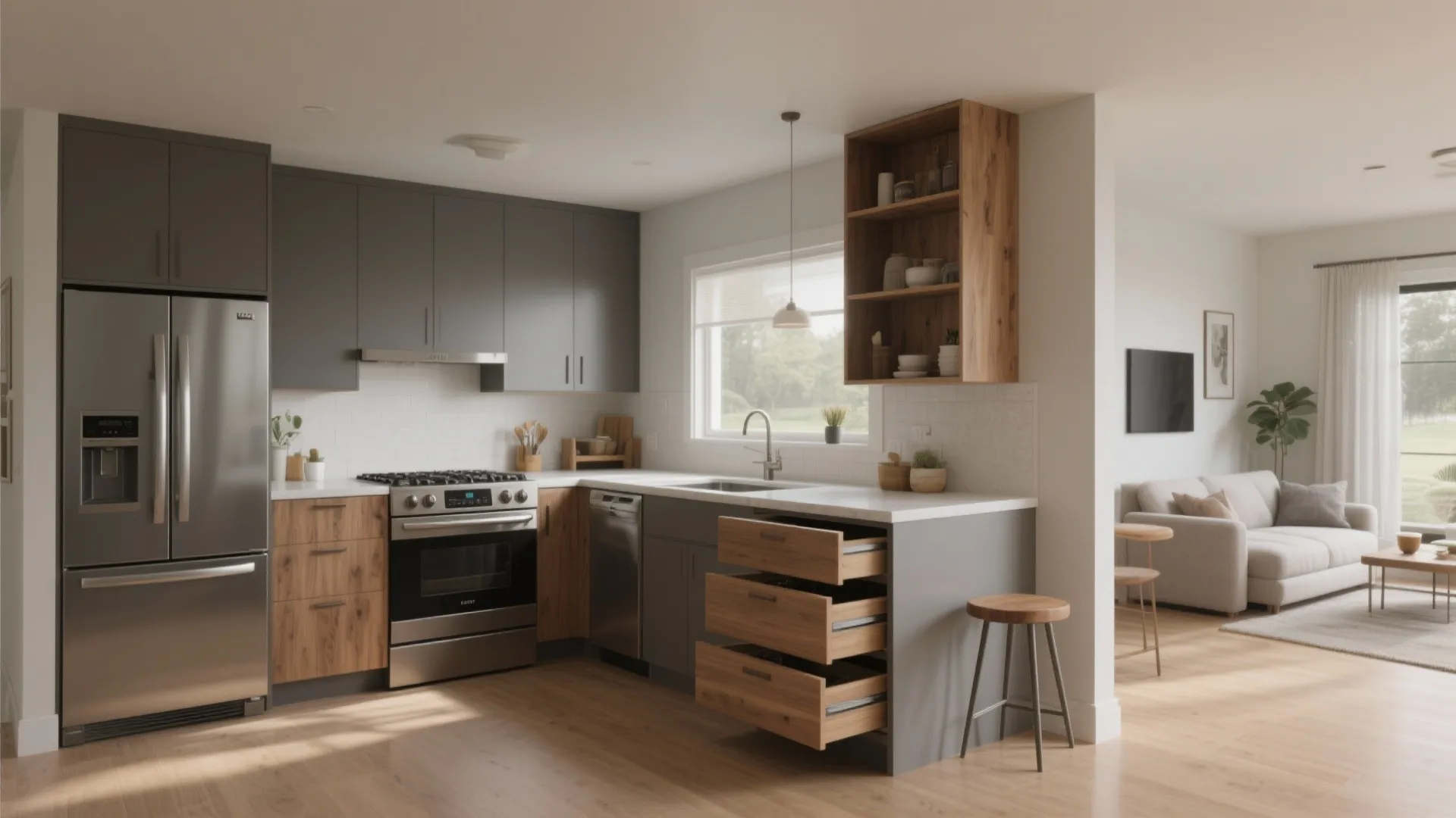 Smart L-shaped kitchen that anchors the four-room flow