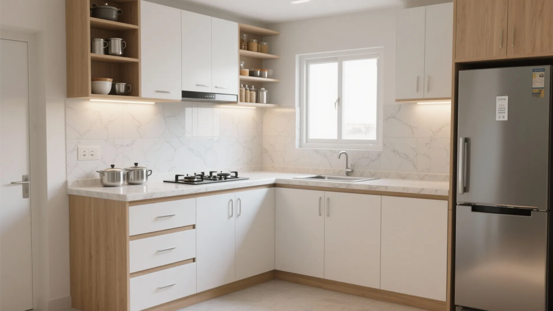 1) L-shaped Kitchen That Works Hard: Vertical Storage, Light Palette