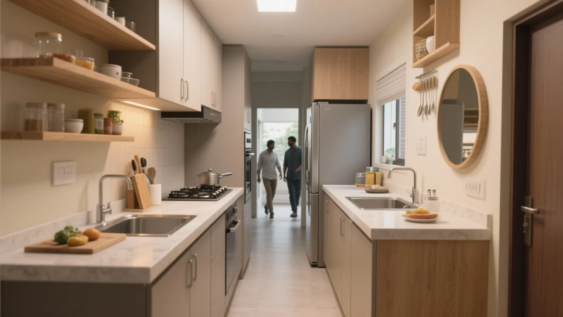 Compact L-shaped kitchenette with clear work zones, slim fridge, and corner hardware in a small apartment.