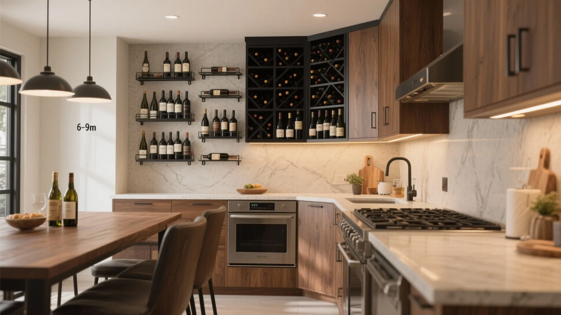 L-Shaped Wine Wall That Flows with a Small Kitchen