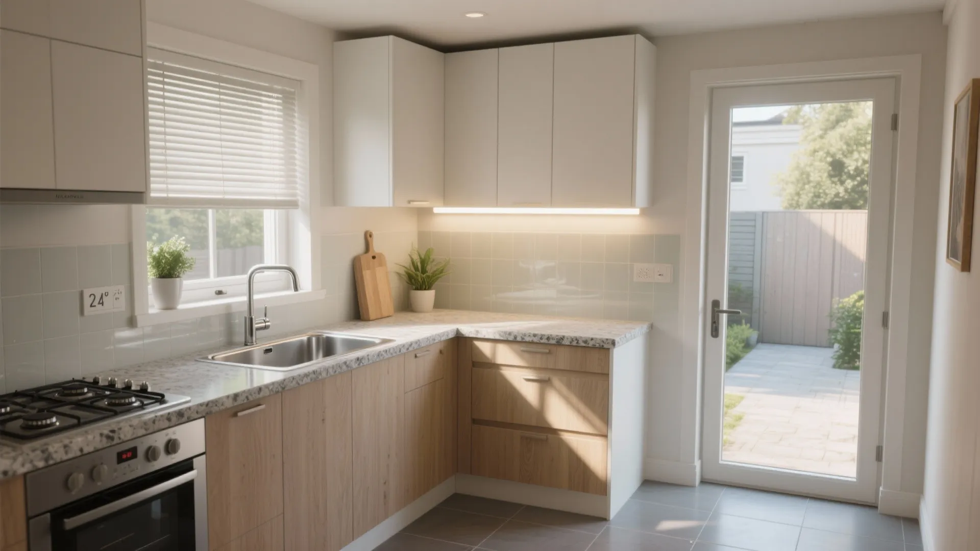 A compact L-shaped kitchen with a service yard