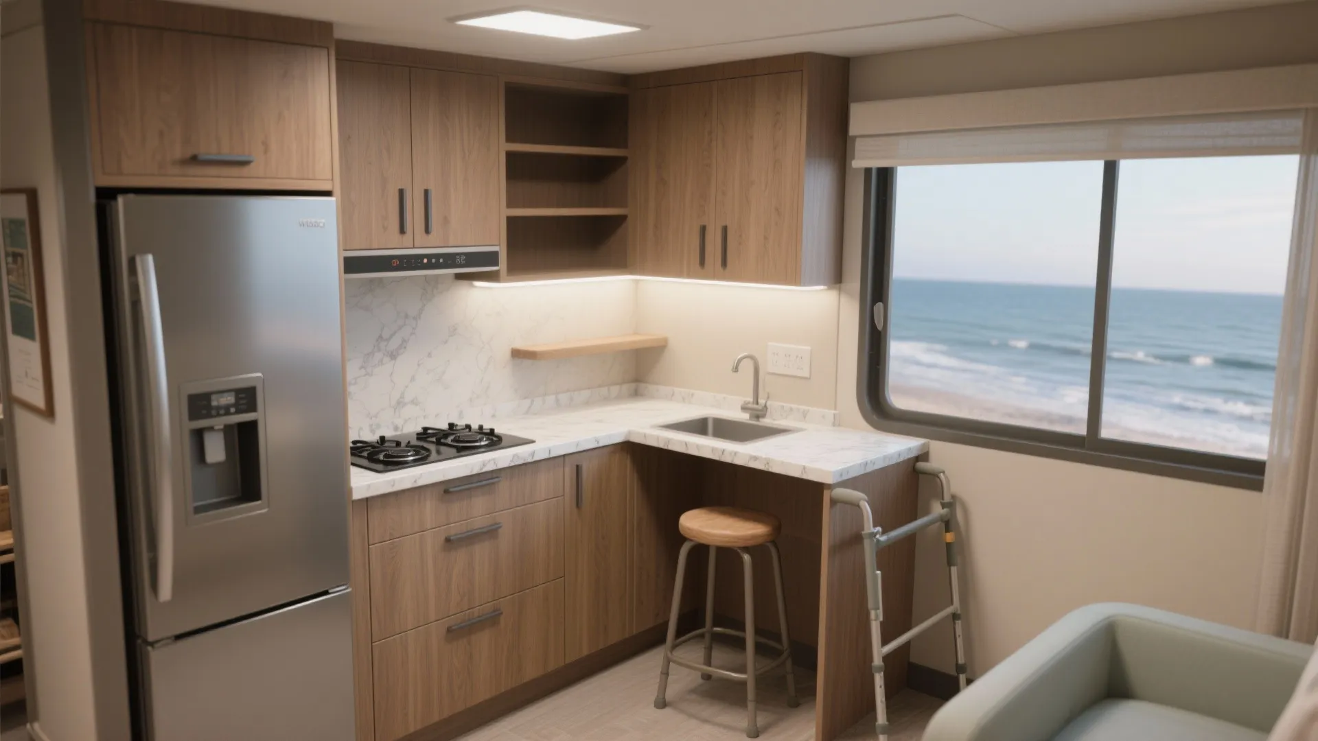 Compact wood cabinet kitchenette with marble countertop and a large window overlooking the blue ocean