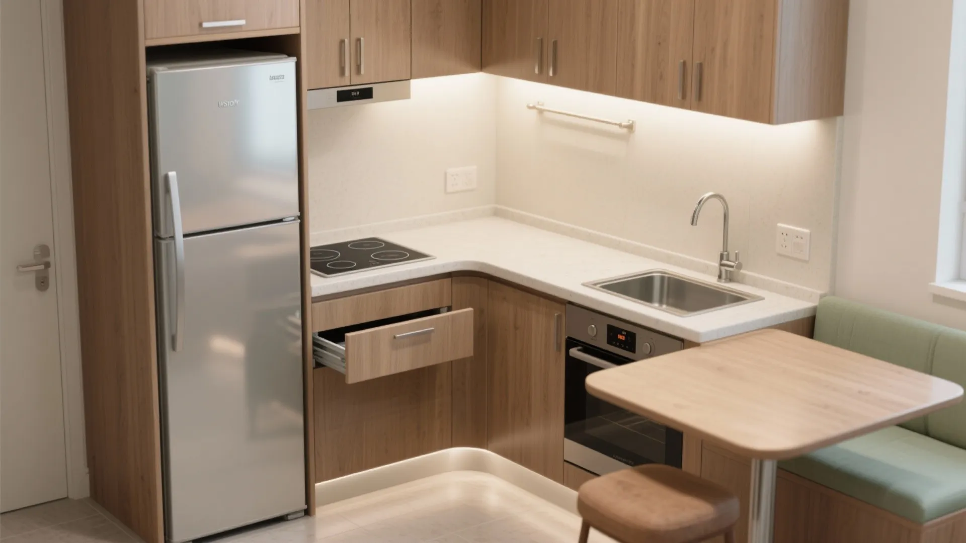 Compact L-shaped kitchenettes for independence