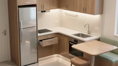 Compact Modern Kitchen with Wood Tone Cabinetry
